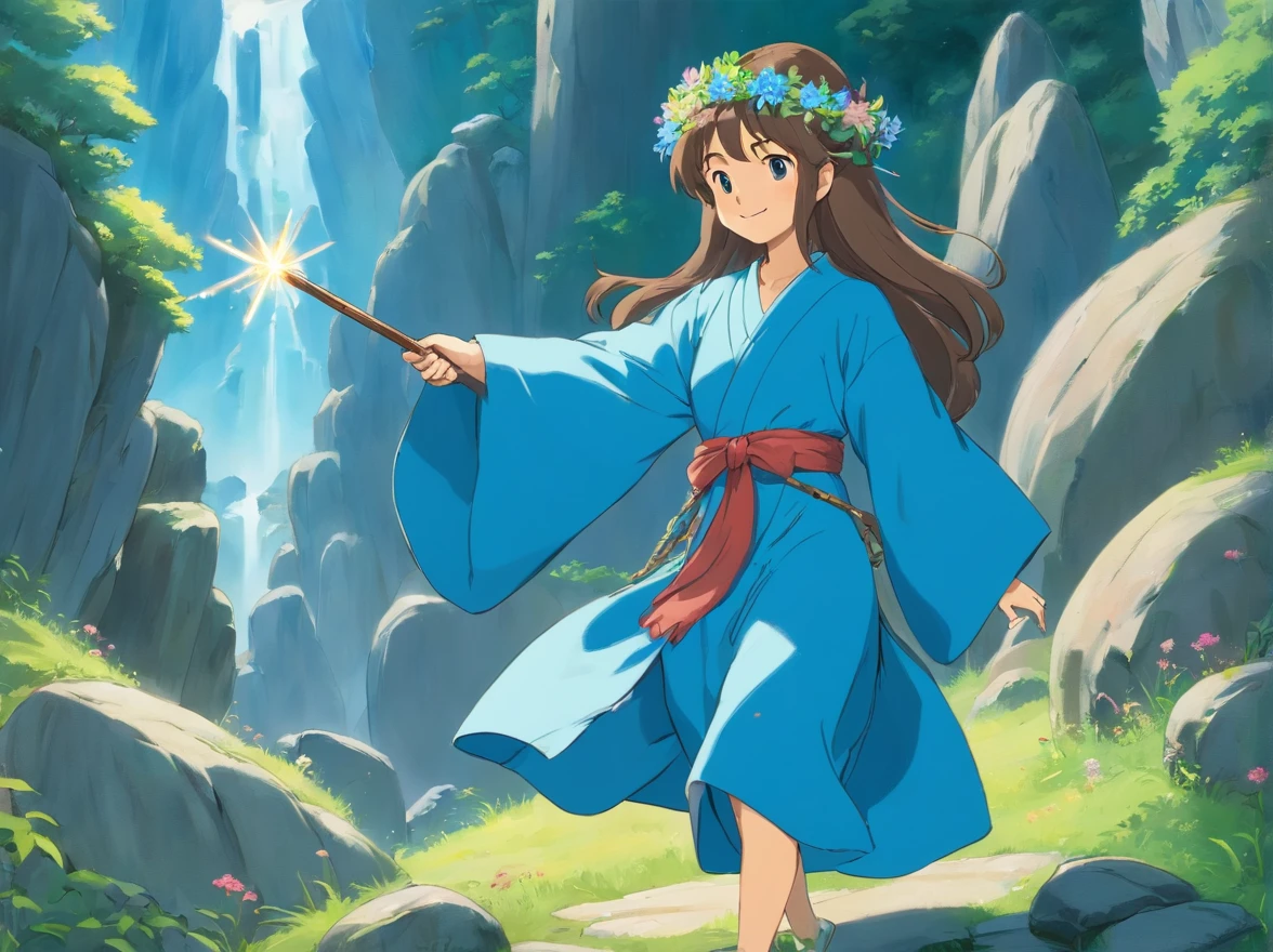 Wearing a beautiful blue robe,Wearing a flower crown on his head,With a smile on his face。The long-haired fairy standing with a magic wand in her hand conversed cordially。They were standing on a huge boulder