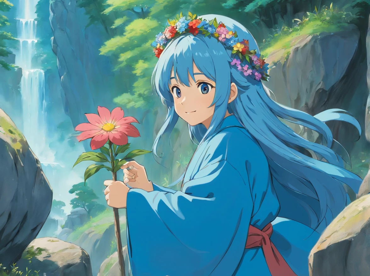 Wearing a beautiful blue robe,Wearing a flower crown on his head,With a smile on his face。The long-haired fairy standing with a magic wand in her hand conversed cordially。They were standing on a huge boulder