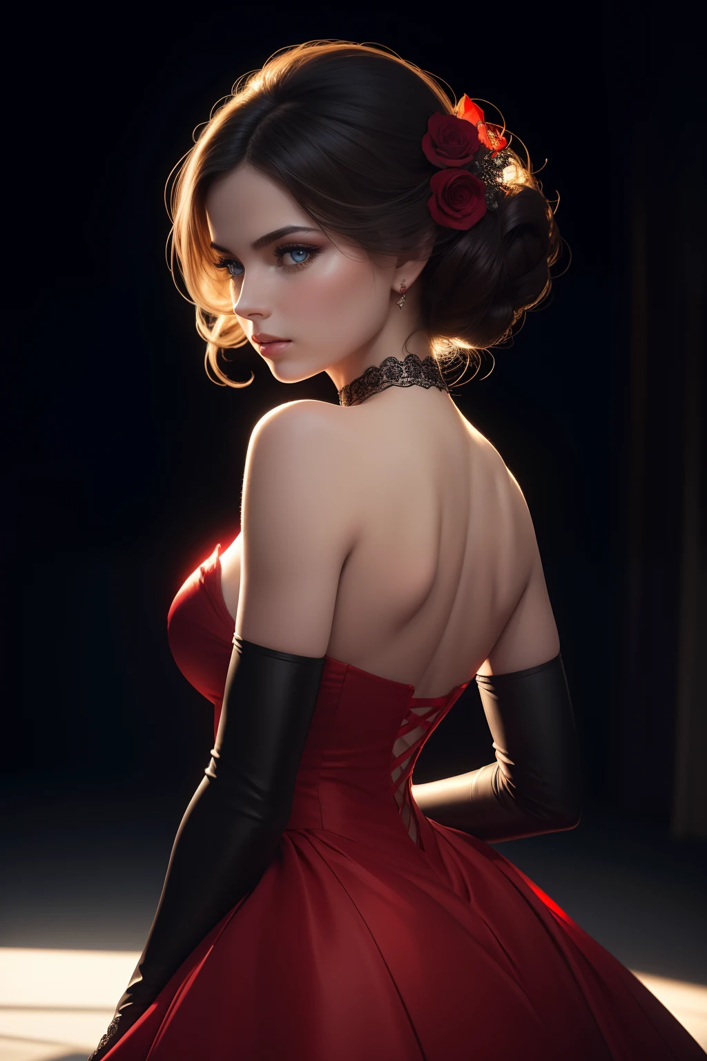 (masterpiece), best quality, expressive eyes, perfect face. model wears red dress, long white satin elbow gloves (apple:1.3 Russian style), traditional colors, vivid and rich colors, bright studio light, ultra-high contrast, deep black sharp contrast shadows, AO, professional, realistic, swirling vortexes photo, ISO 80, 70mm lens, depth of field, 35mm film, by Lillian Bassman, raw cinematic photorealism, bokeh, action portrait, 32k, intricately detailed face, perfectly detailed eyes, award winning, backlight, rim light, chiaroscuro, Artstation, natural lighting, cinematic, digital illustration, dslr,32k