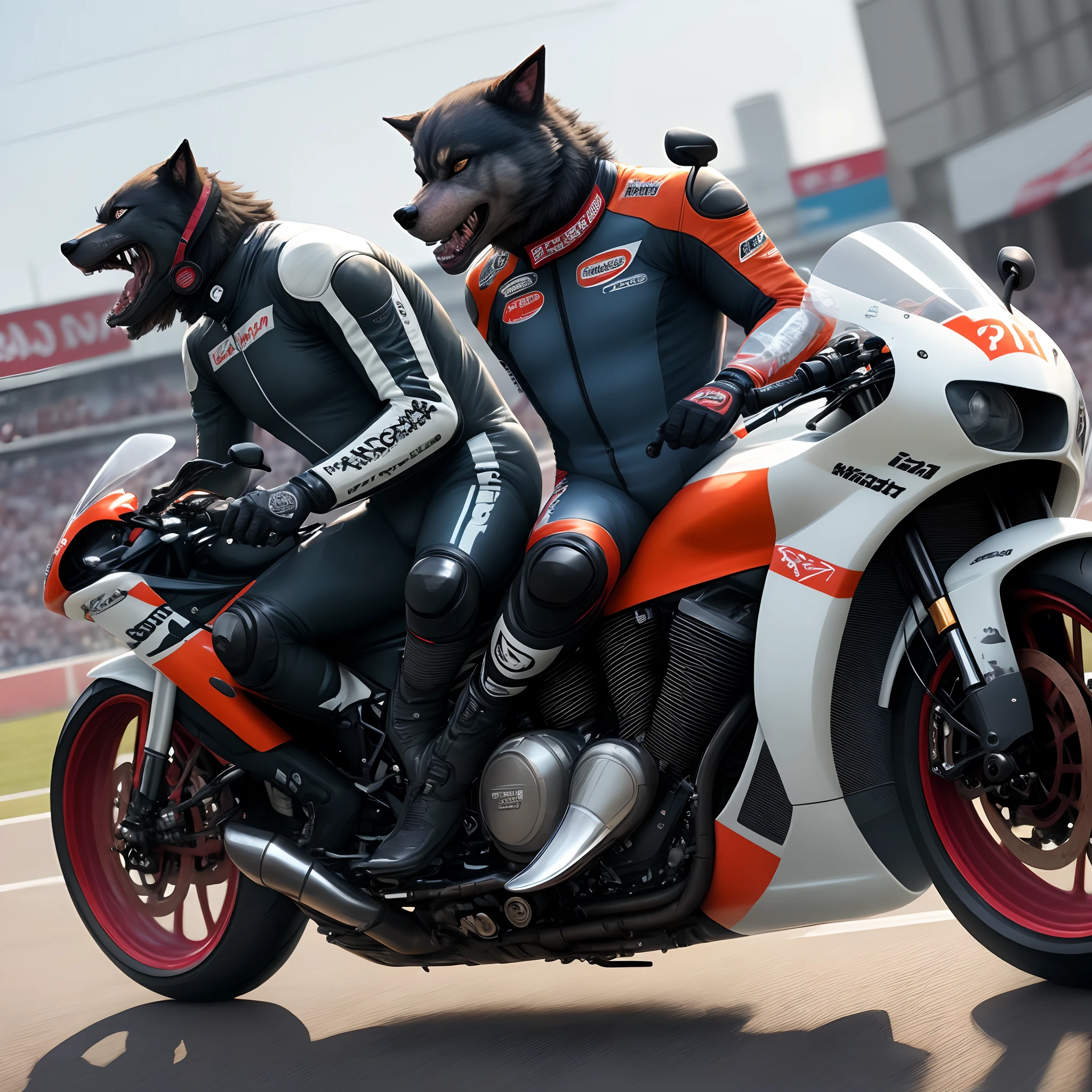 A two Wolfs wearing motogp racing suit, standing on road, wolf humping on wolfs, cum, real dick shaft, moaning face, drooling face, cumshot, eating cum