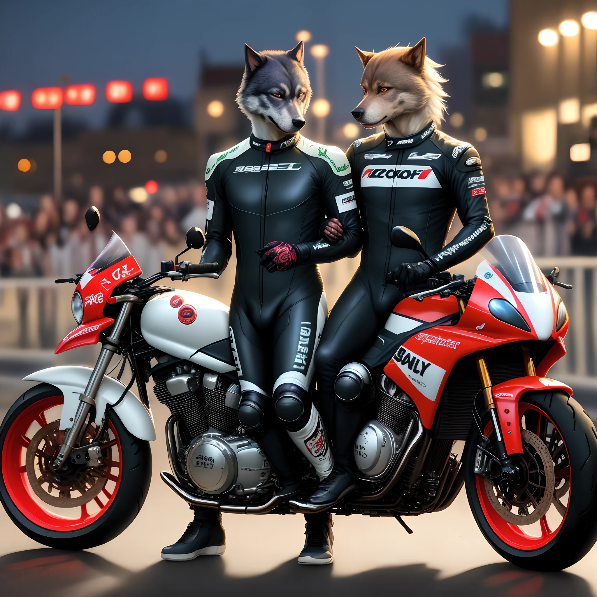 Full body racing suit motorcycle riding werewolf man gay couple。A dog beast servant looking lonely from a distance。