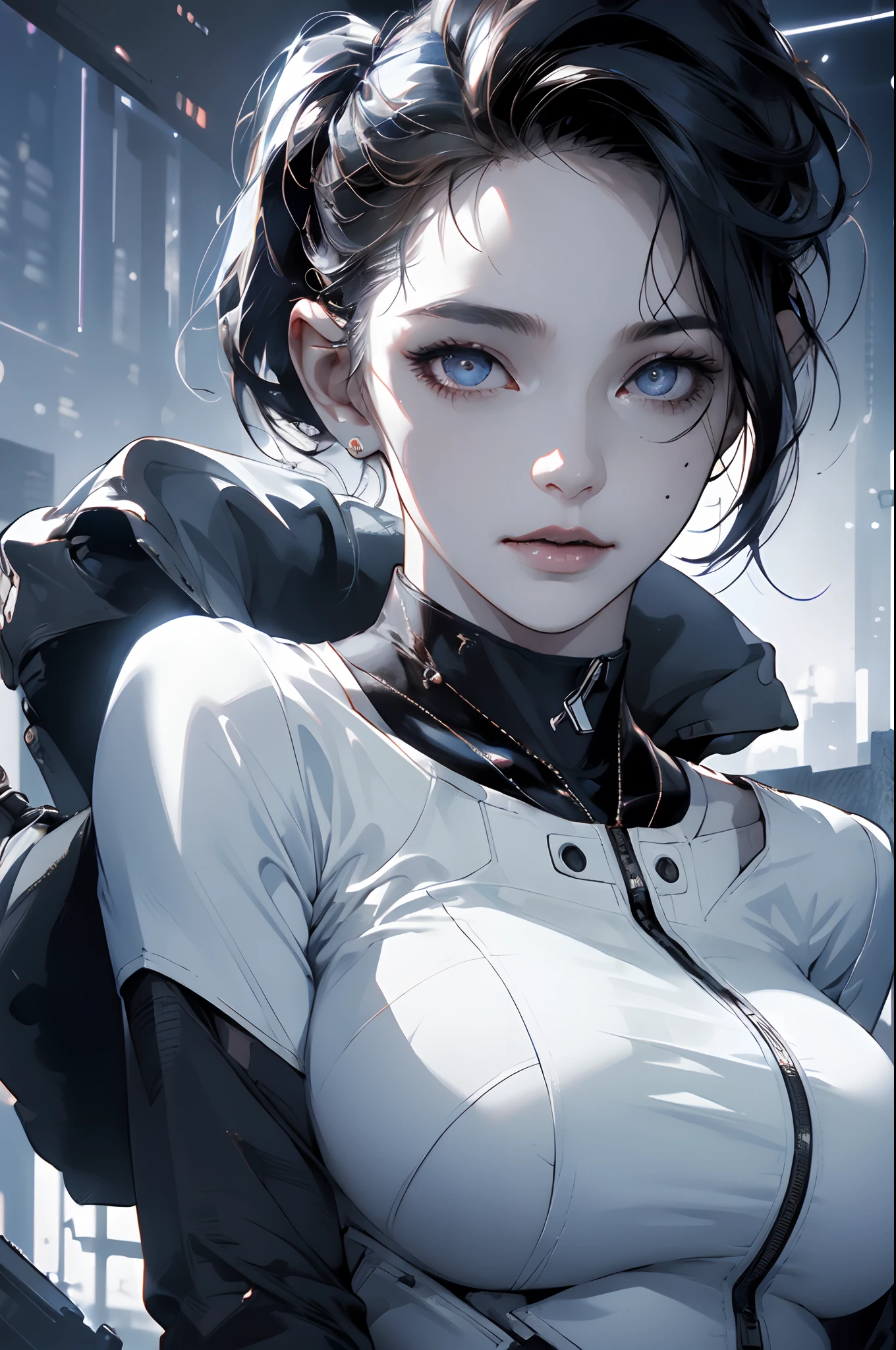 (1girl:1.3), solo, __Body parts__ realistic skin, pale skin, big boobs, official art, unified 8k wallpaper, ultra detail, beauty and aesthetics, beauty, masterpiece, best quality, in cyberpunk city, fantastic atmosphere, calm color palette, peaceful mood, soft shadows, nurse, glamour, huge breasts