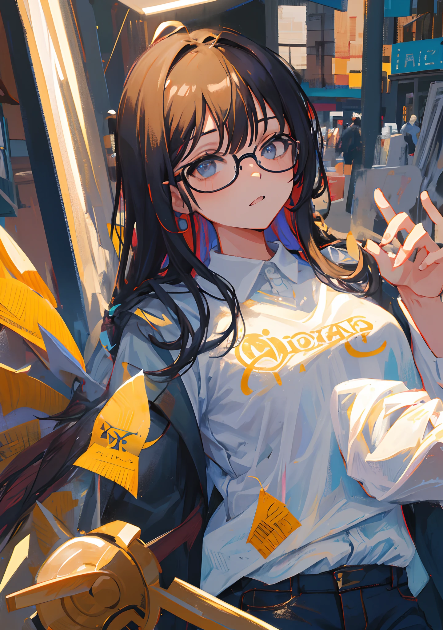 Garota, cabelo prateado, camisa sem manga, saia preta, wears glasses, orelha de gato, melhor qualidade, olhando para cima, water