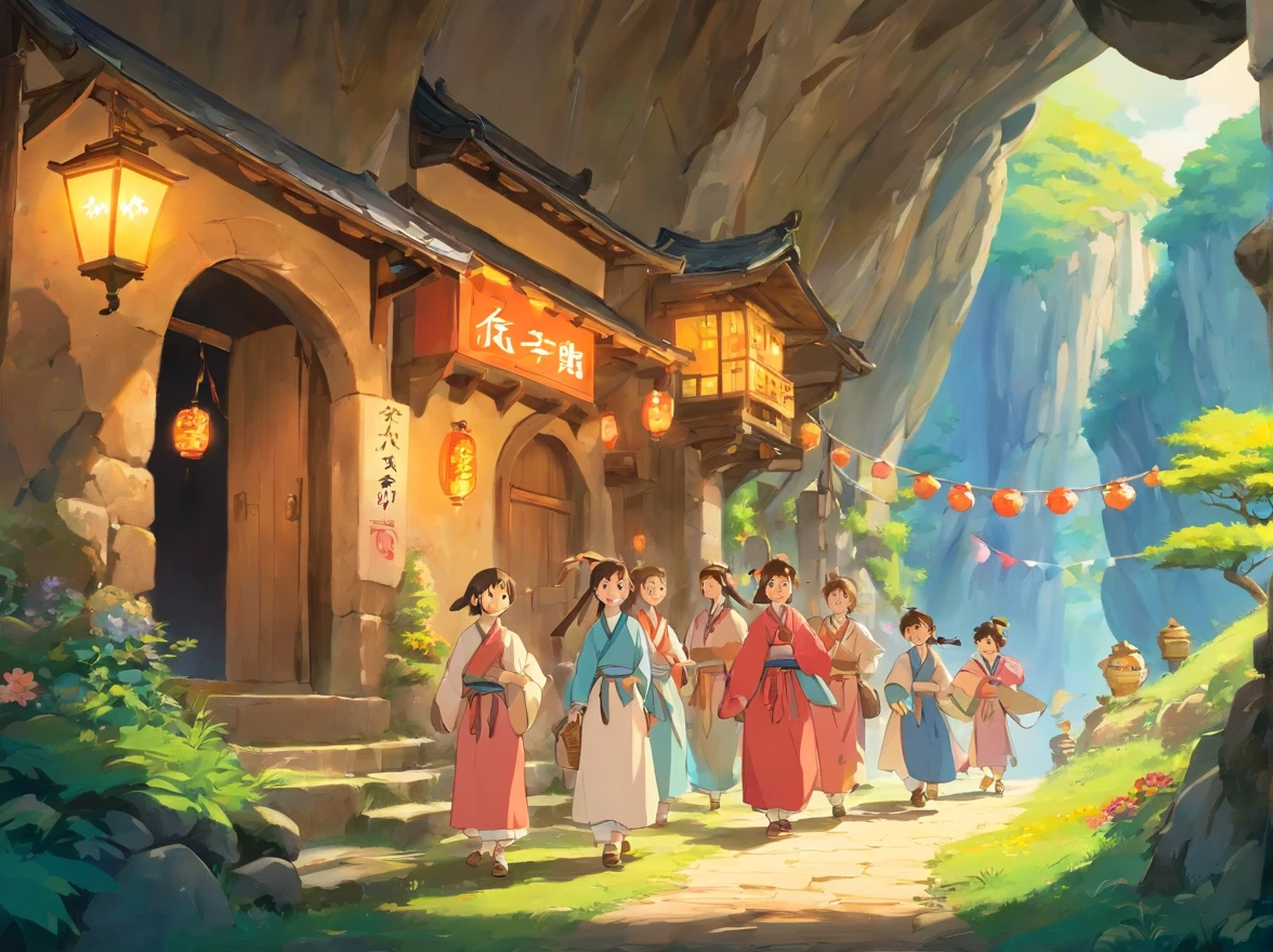 The scene of the festival paints a joyful and lively atmosphere。The whole village is dressed up,Colorful bunting flutters in the air,The villagers are dressed in Zhuang costumes,Singing and dancing with a smile of joy and anticipation,Come together。In the middle of the village stands a mysterious cave,The light at the entrance of the cave is warm,Exudes a beautiful glow。
