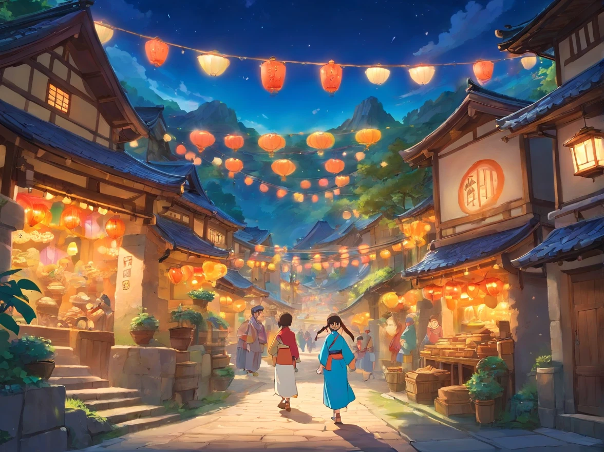 The scene of the festival paints a joyful and lively atmosphere。The whole village is dressed up，Colorful bunting flutters in the air，The villagers are dressed in Zhuang costumes，Singing and dancing with a smile of joy and anticipation，Come together。In the middle of the village stands a mysterious cave，The light at the entrance of the cave is warm，Exudes a beautiful glow。