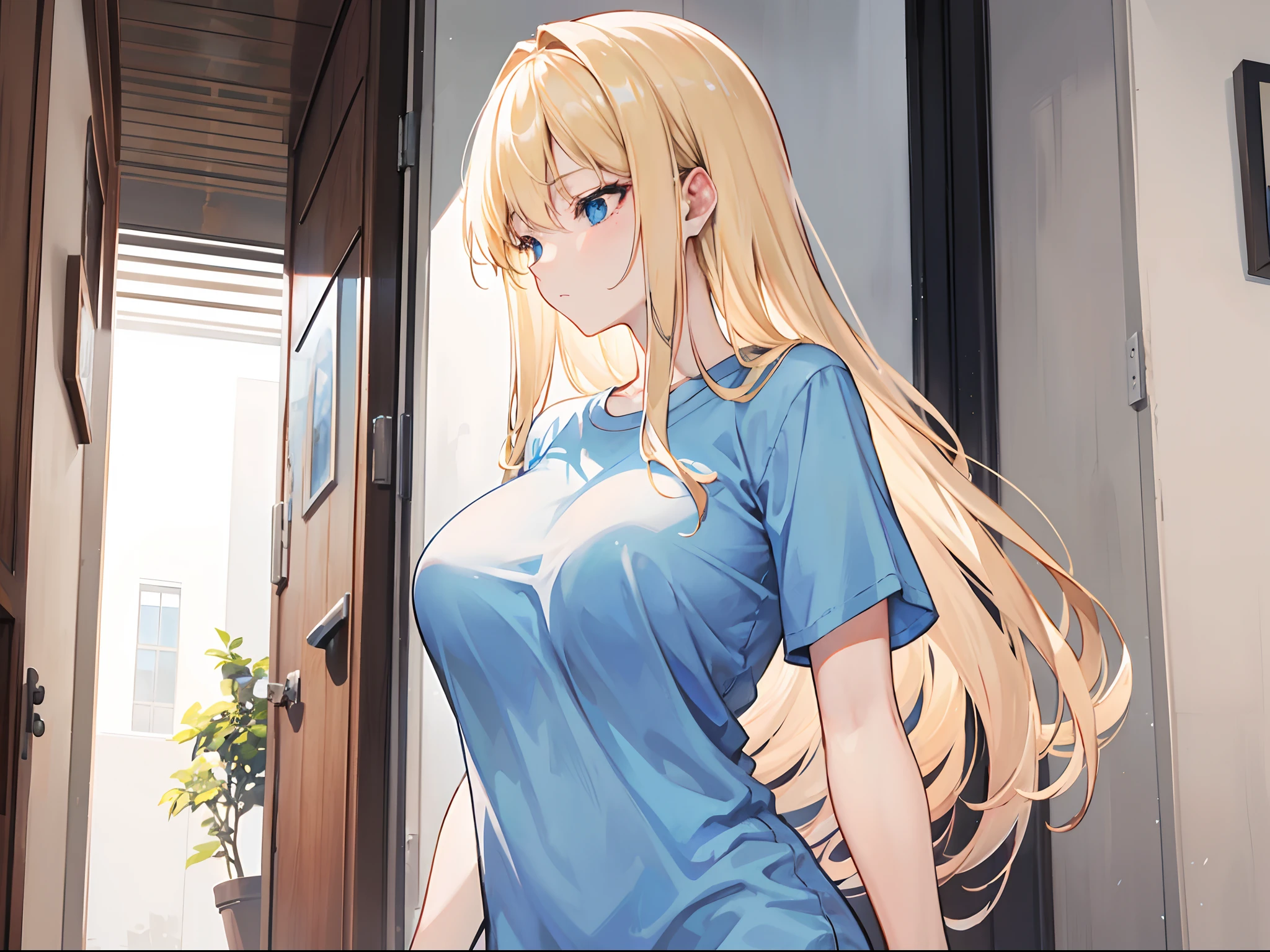 A woman with blond hair and blue eyes.... Long hair She walked out the door with a sleepy expression on her face....Wear a long T-shirt.... Slim profile, Fair-skinned, large boobs, Slightly blushing....,