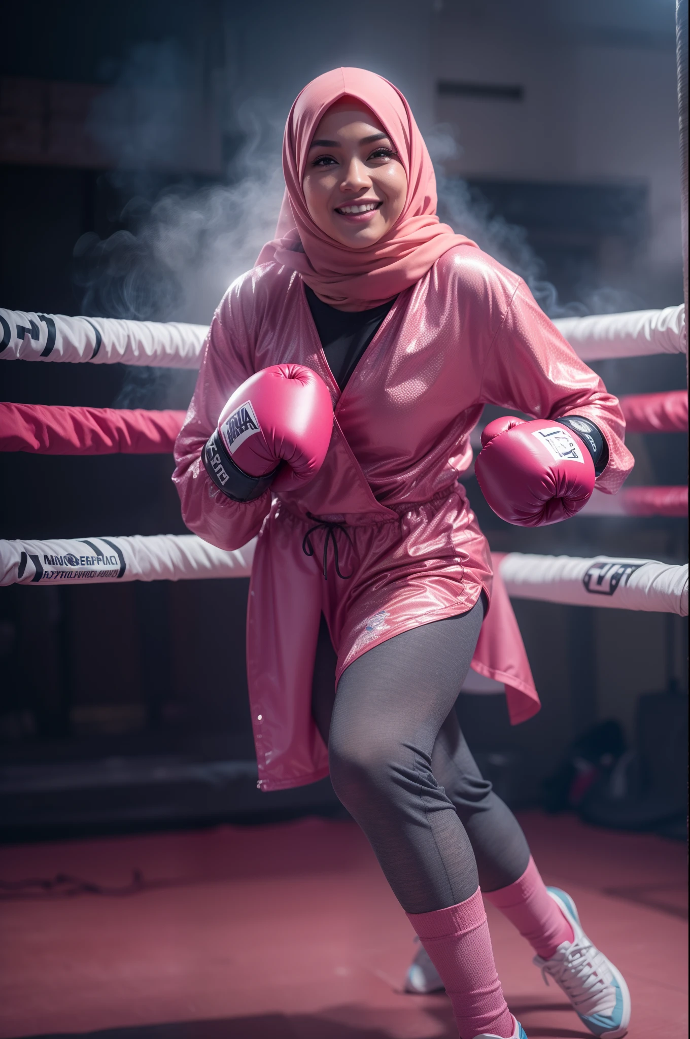 a sserafimsakura, hyper realistic, lifelike texture, dramatic lighting, Nikon RAW photo, 8k, Fujifilm XT3,CitrineDreamMix, masterpiece, best quality, realistic, (photorealistic:1.4), ultra detailed, extremely detailed face, solo,1 malay hijab girl, wearing light blue hijab,standing, (boxing gloves:1), (boxing ring), (smile:1), pink boxing outfit, dramatic and action effect, smoke effect,