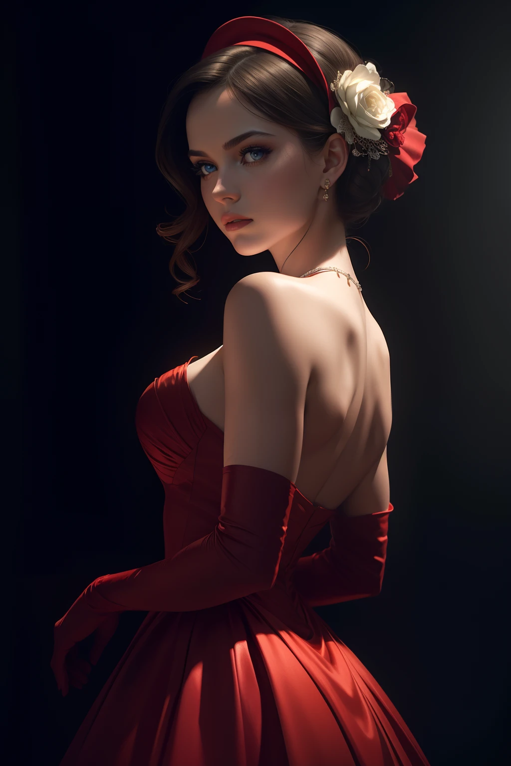 (masterpiece), best quality, expressive eyes, perfect face. model wears red dress, long white satin elbow gloves (apple:1.3 Russian style), traditional colors, vivid and rich colors, bright studio light, ultra-high contrast, deep black sharp contrast shadows, AO, professional, realistic, swirling vortexes photo, ISO 80, 70mm lens, depth of field, 35mm film, by Lillian Bassman, raw cinematic photorealism, bokeh, action portrait, 32k, intricately detailed face, perfectly detailed eyes, award winning, backlight, rim light, chiaroscuro, Artstation, natural lighting, cinematic, digital illustration, dslr,32k