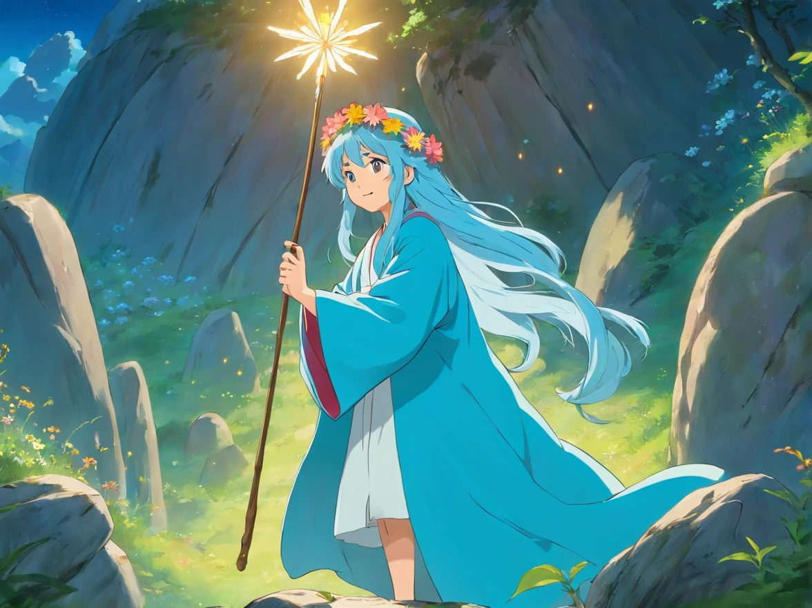 Wearing a beautiful light blue robe,Wearing a flower crown on his head,With a smile on his face。The long-haired fairy standing with a magic wand in her hand conversed cordially。They were standing on a huge boulder