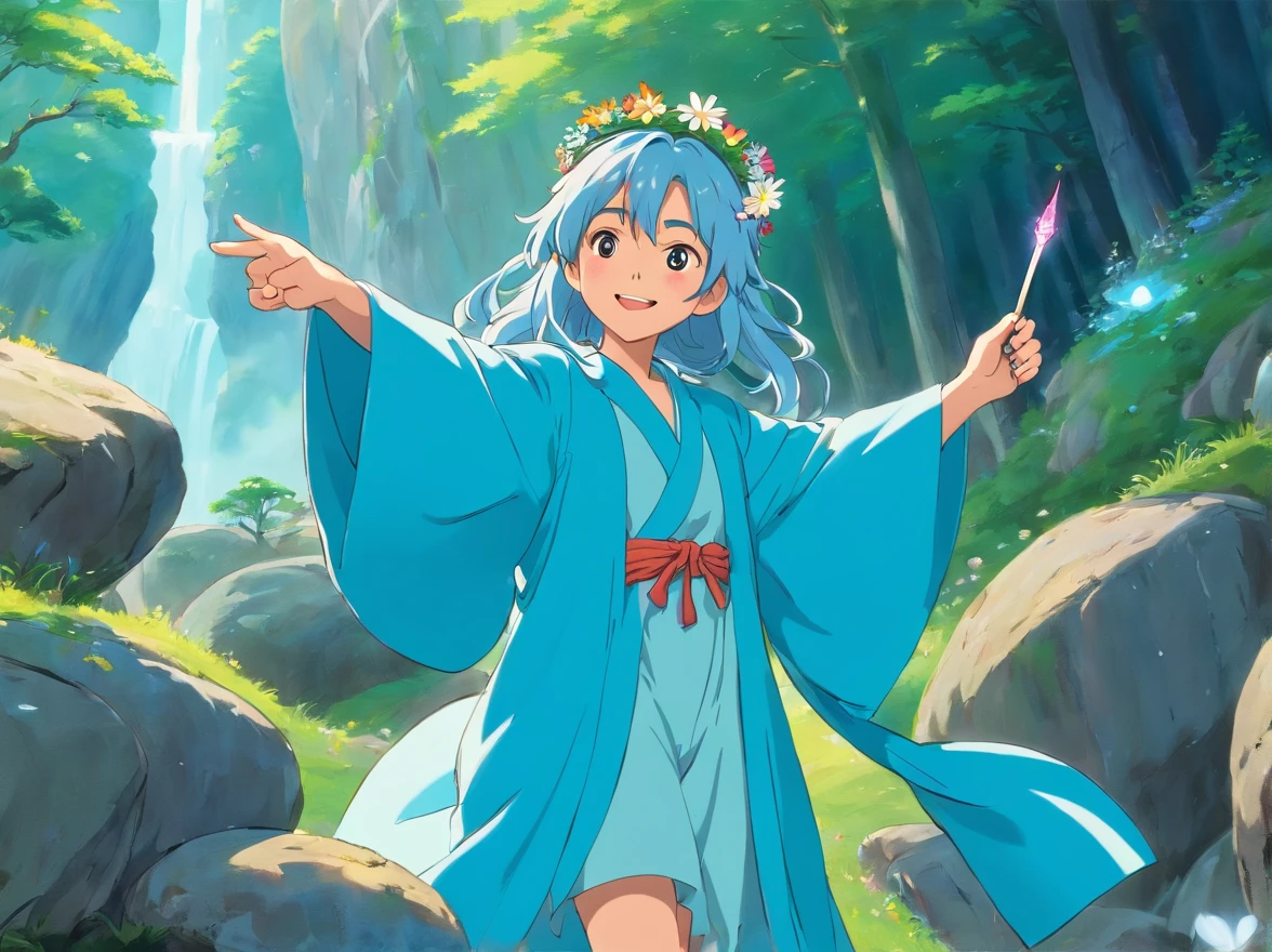 Wearing a beautiful light blue robe,Wearing a flower crown on his head,With a smile on his face。The long-haired fairy standing with a magic wand in her hand conversed cordially。They were standing on a huge boulder