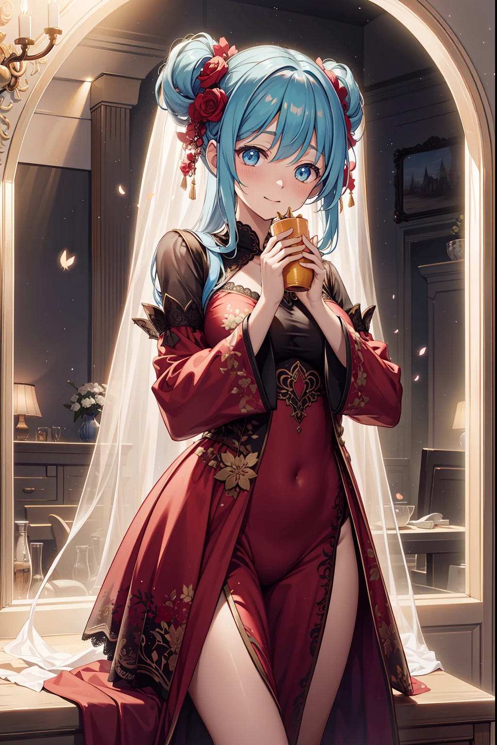solo person,the night,inside in room,having fun,Cute loli girl,See-through Pajamas,see-through sleeves,Enchanted,Petal edges,Light colors,downy,Divine decoration,Sacred motifs,Lace,Ruffles,extremely detailed CG 8k wallpaper,best qualtiy,tmasterpiece,A high resolution,Delicate and beautiful face,intricate detailed clothes
