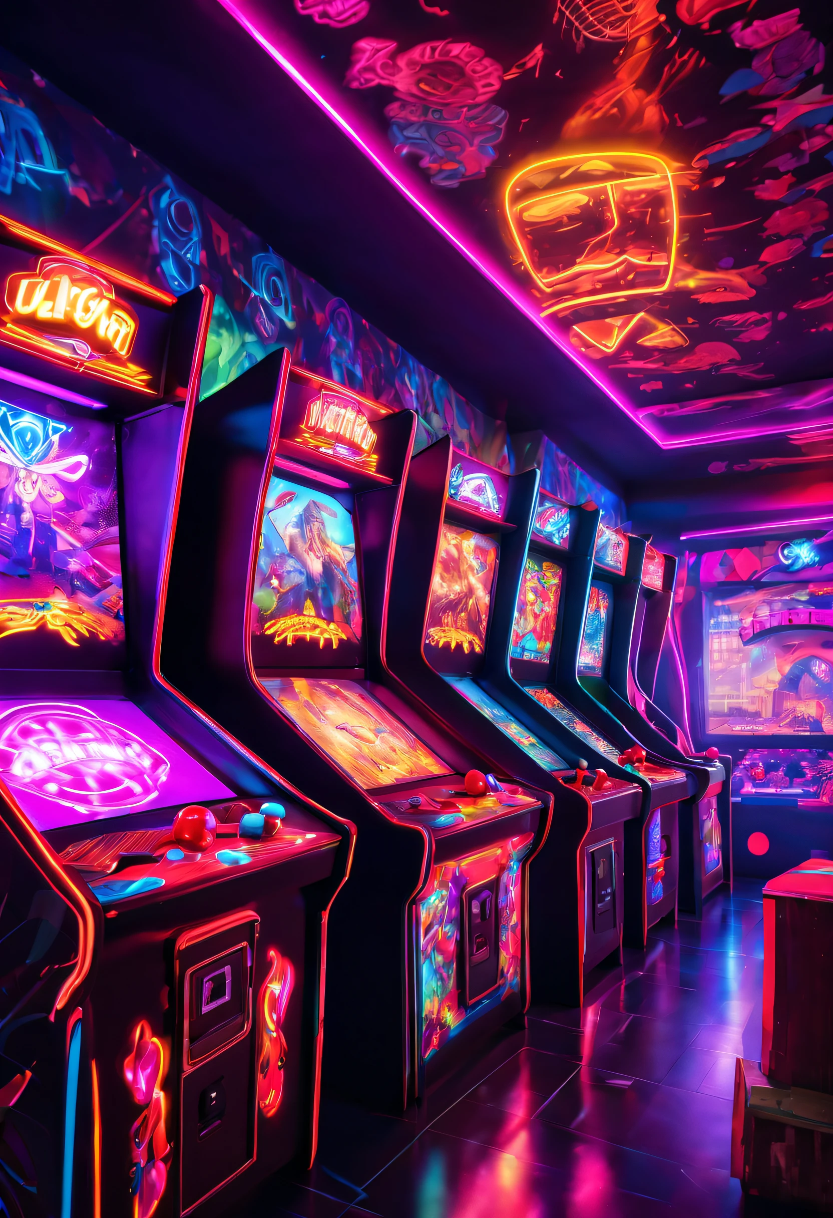 (Bustling arcade machines,High quality artwork，Depict each game and player's face in detail),Ultra-delicate lighting brings neon lights to life in the dark,Vivid colors contrast with dark colors,View from the ceiling angle，Added movement,The background depicts the cityscape at night,Add a modern touch.