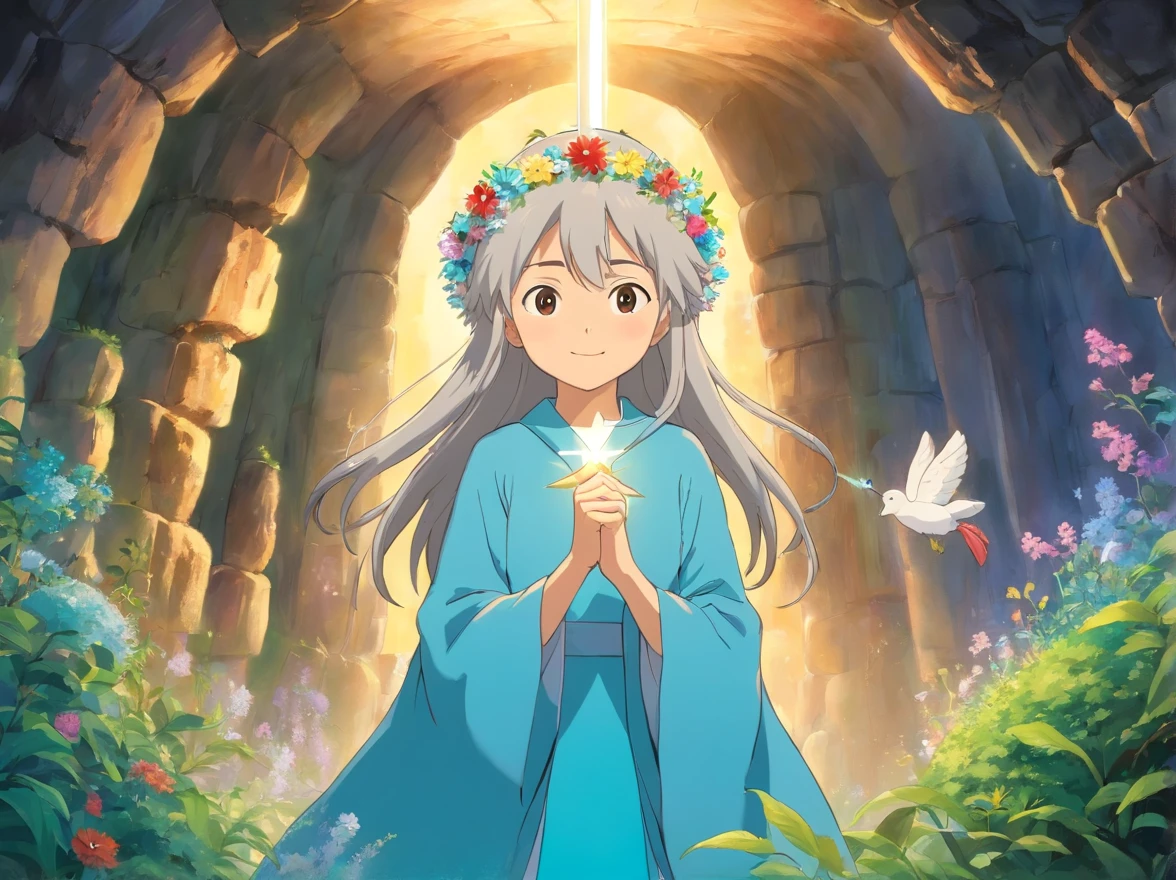 Deep in the cave,There is one wearing a beautiful light blue robe,Wearing a flower crown on his head,With a smile on his face。Standing long-haired fairy with magic wand in hand,Beside her is a jewel shining with light,The whole scene seems dreamy and magical。