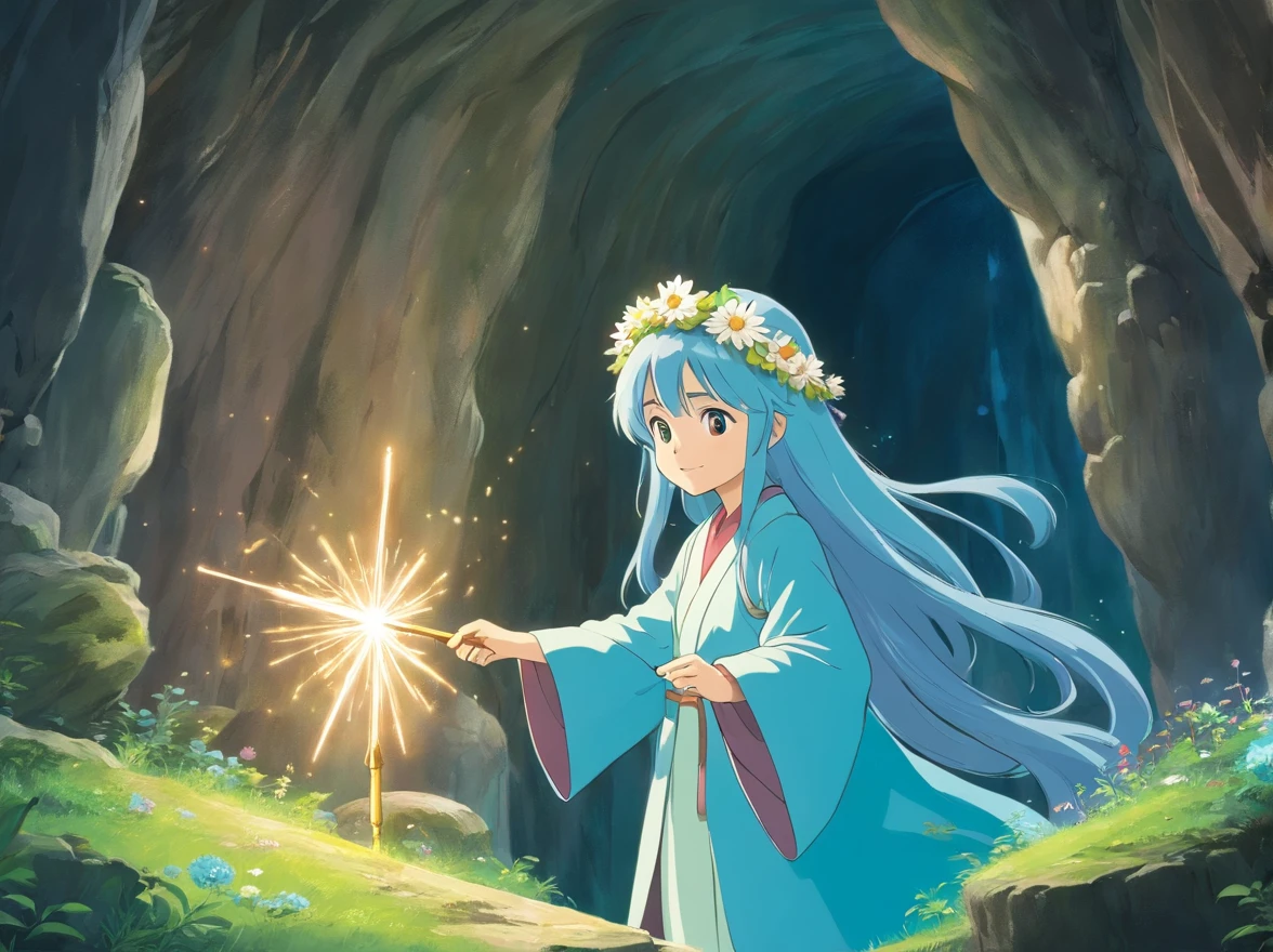 Deep in the cave，There is one wearing a beautiful light blue robe，Wearing a flower crown on his head，With a smile on his face。Standing long-haired fairy with magic wand in hand，Beside her is a jewel shining with light，The whole scene seems dreamy and magical。