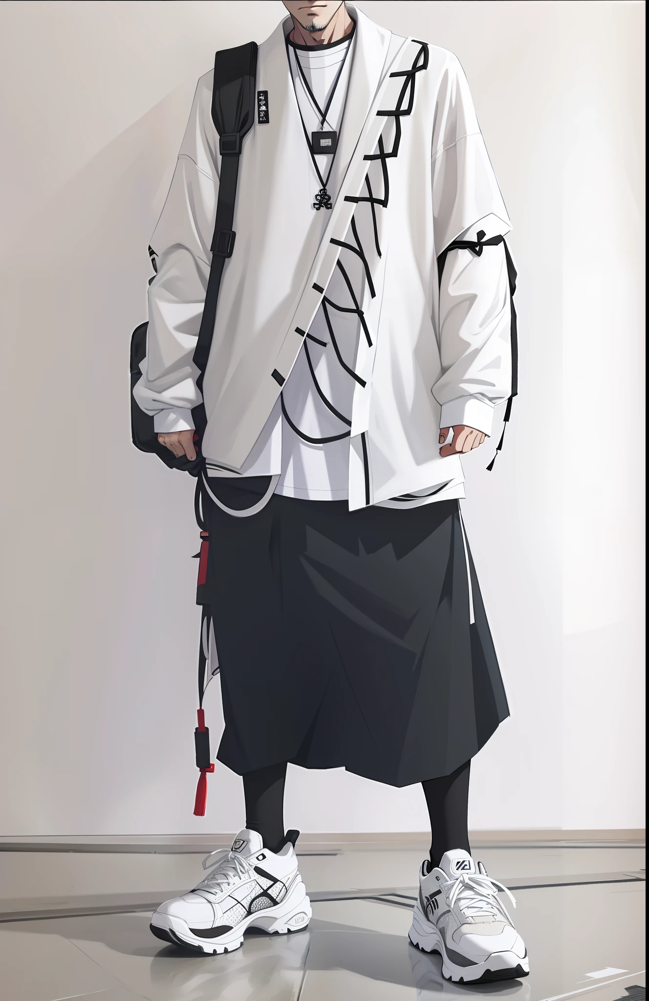 Arafeld man carrying a backpack in a white shirt and black skirt, wearing japanese techwear, techwear outfits!! Intricate, tiedshirt, japanese streetwear, multilayered outfit, Japanese clothes, White and black clothing, intricate hakama, Hierarchical verbose, wearing unusual clothes, Strange clothes, Weird stylish, Cai Xukun, handpainted, Hand-drawn，high detal，Works of masters，High- sharpness，