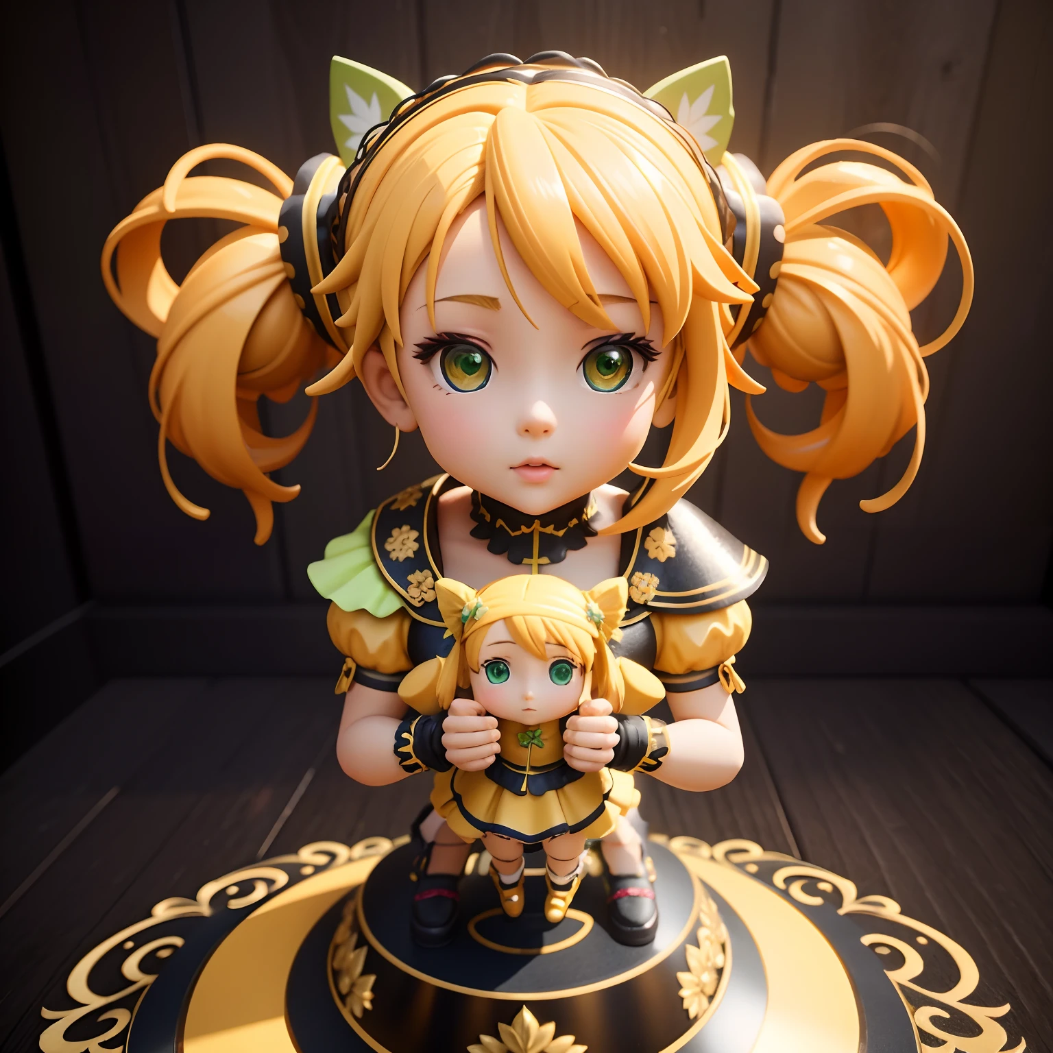 There is a statue of a girl dressed in yellow, 3 d render stylized, 8k octae render photo, highly detailed character, 4 k octan render, Loli, Anime figur, pvc figurine, 3 D rendering character art 8 K, high res render, cute 3 d render, toon render keyshot, vinyl toy figurine, ( highly detailed figure )The background is a green steppe，Wrap the doll in the middle