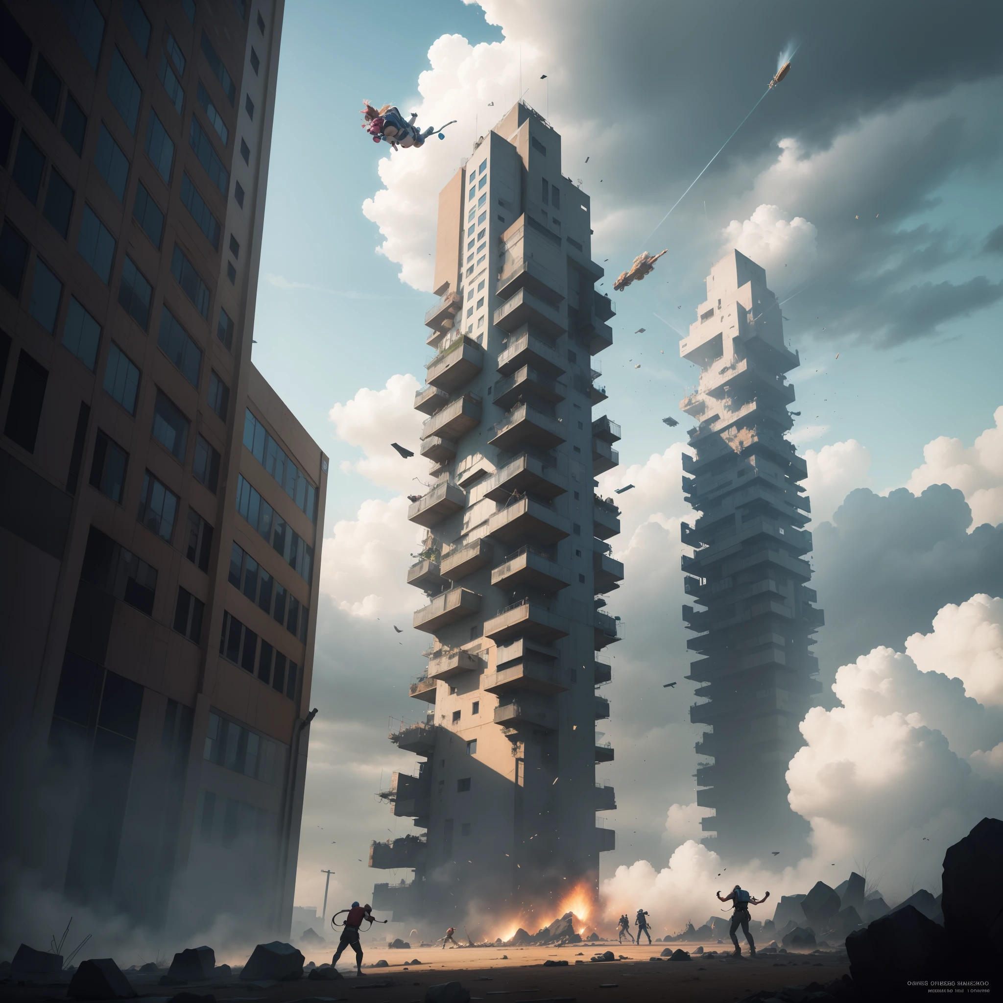 The sky is falling and there are 2 people battling in the sky