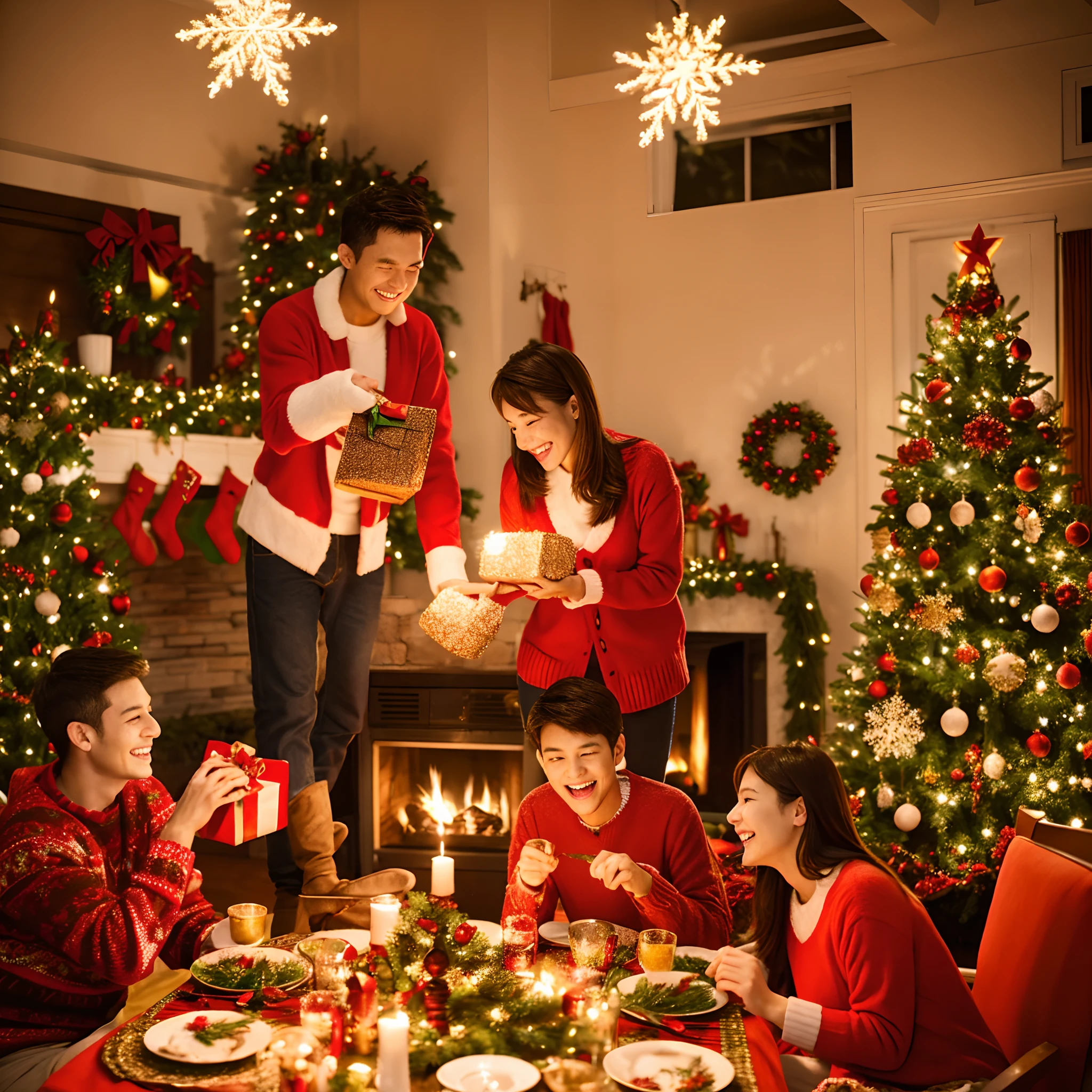 Create a heartwarming and joyful Christmas-themed image that embodies the essence of love, happiness, and the significance of the holiday season. The image should symbolize the spirit of giving, togetherness, and the importance of family. It can include elements such as a beautifully decorated Christmas tree, a cozy living room with a warm fireplace, or a family gathered around the dinner table, exchanging gifts and smiles. Please make sure the image exudes warmth, love, and the magic of Christmas. It should be suitable for gifting to our family to celebrate this special time of the year. For the type of image, you might consider selecting something like an "Illustration" or "Painting" style, as these can often convey emotions and warmth effectively.