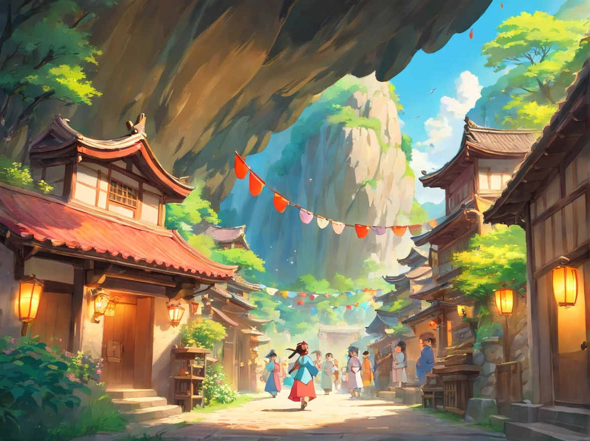 The scene of the festival paints a joyful and lively atmosphere。The whole village is dressed up,Colorful bunting flutters in the air,The villagers are dressed in Zhuang costumes,Singing and dancing with a smile of joy and anticipation,Come together。In the middle of the village stands a mysterious cave,The light at the entrance of the cave is warm,Exudes a beautiful glow。