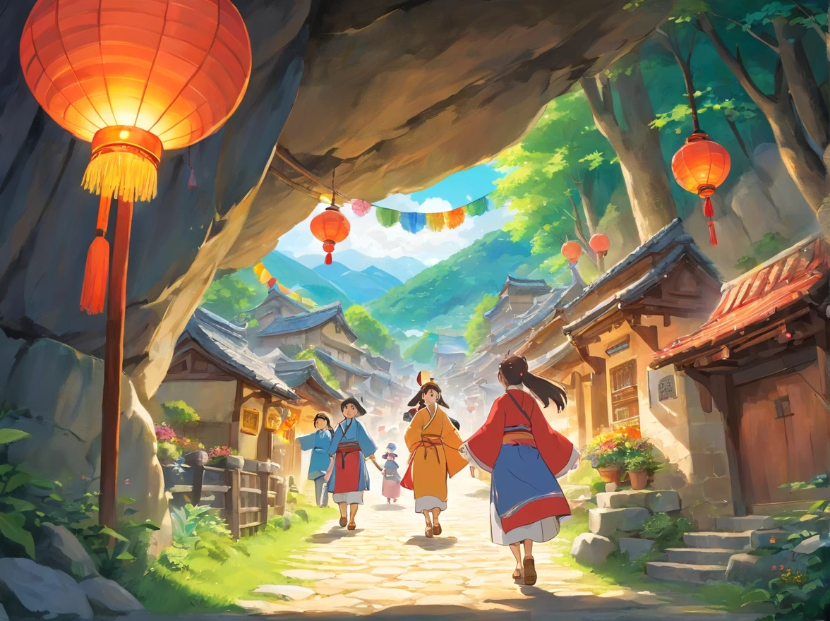 The scene of the festival paints a joyful and lively atmosphere。The whole village is dressed up,Colorful bunting flutters in the air,The villagers are dressed in Zhuang costumes,Singing and dancing with a smile of joy and anticipation,Come together。In the middle of the village stands a mysterious cave,The light at the entrance of the cave is warm,Exudes a beautiful glow。