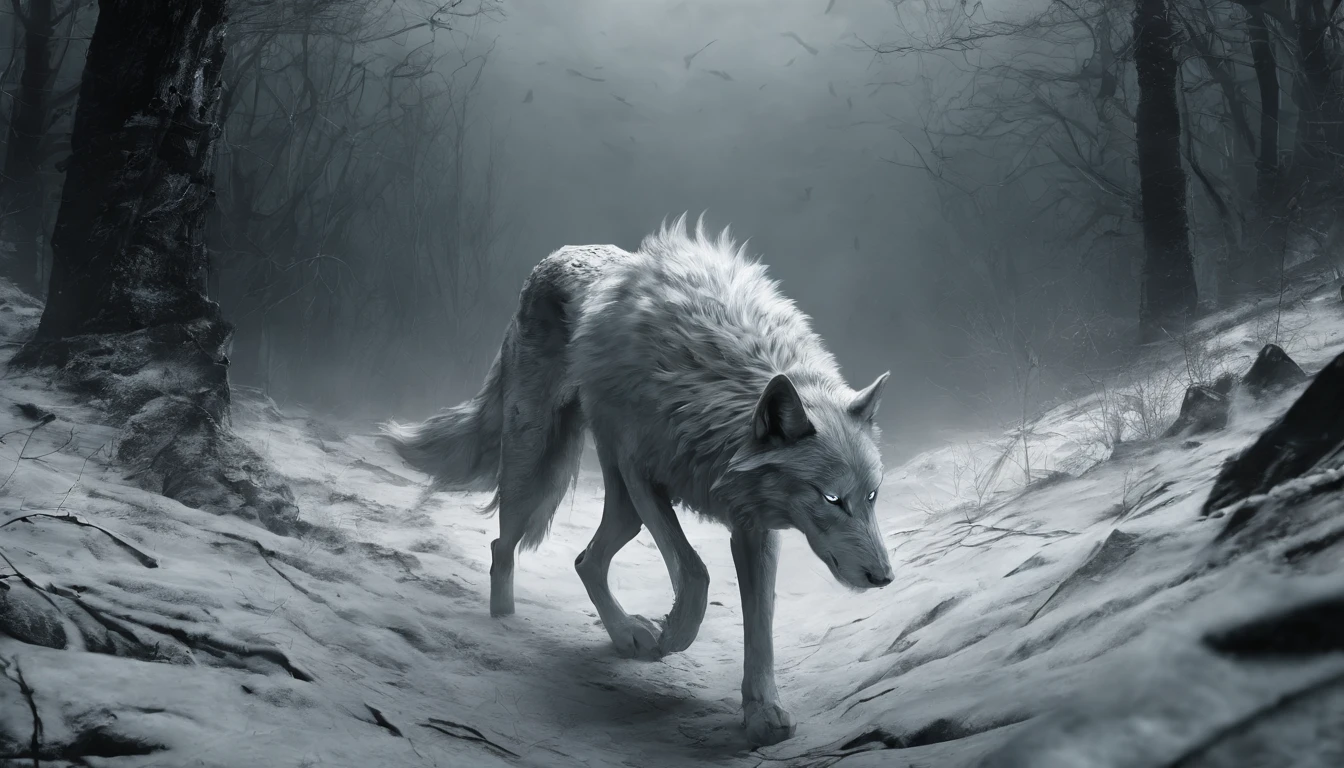 Best quality, masterpiece, ultra-high resolution, Super Enormous and Ferocious Monster Wolf (White Wolf), Hidden in thick fog, 2D Anime style, terrifying atmosphere, bloody red eyes, forest in the background, blood-covered ground, 8k, a cinematic scene, from a top-down perspective (Light and Shadow Effect), (Depth of Field Effect).