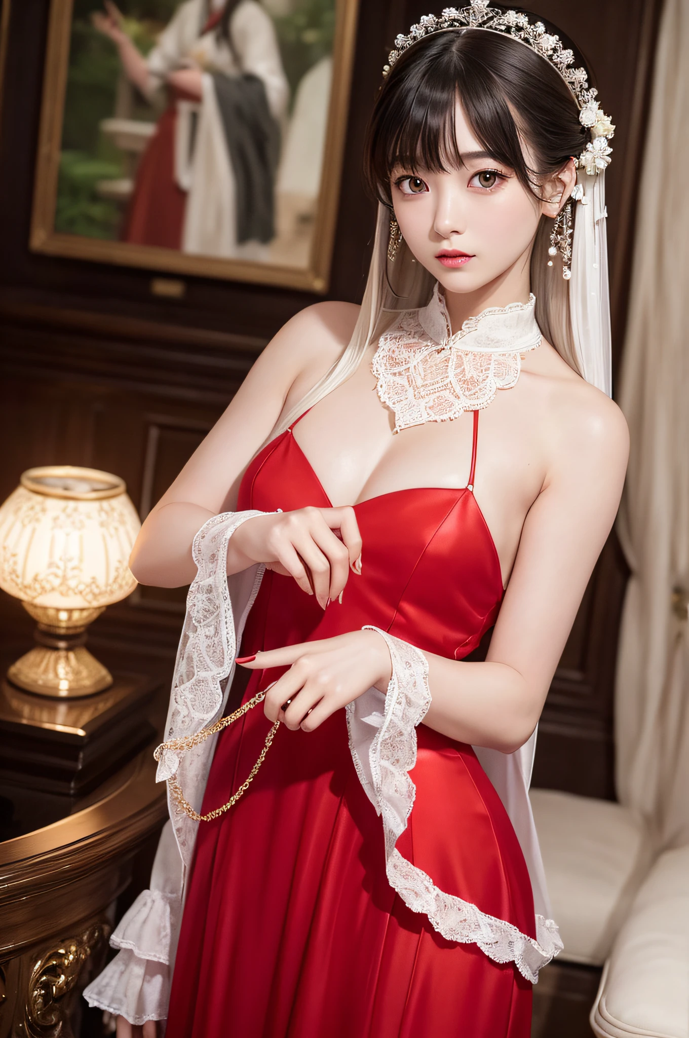 (masterpiece、top-quality、top-quality、Beautifully Aesthetic:1.2)、(1girl in:1.3)、(Fractal art:1.3)、absurderes、masterpiece、top-quality、realisitic、ultra-detailliert、(shinny skin)、Look at viewers、A slender、1girl in、独奏、stright long hair、Princess Cut、red eyes、动态照明、hight resolution、foco nítido、depth of fields、 tiny chest、Vampires、masterpiece、top-quality、ultra-detailliert、Super detailed face、best quality face、20 years old、Adults、1girl in、20 years old、No humans、white hair、Alchemy costume、Intricate detailed costumes、sexy pose、Glowing red dress