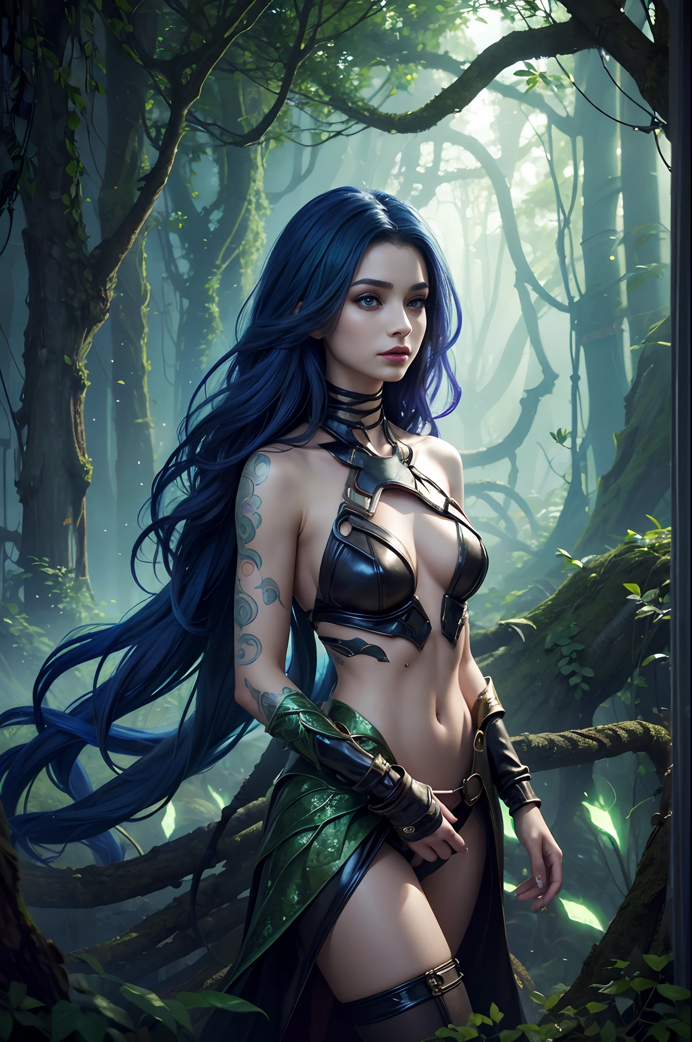 (((masterpiece))),16k,best quality, illustration. A sleek and mysterious dryad, her body a fusion of nature and technology, stands amidst a digital landscape. The image is a digital painting, with vibrant colors and intricate details. Her skin is a shimmering blend of bark and circuitry, her hair a cascade of glowing vines. Her eyes, a piercing green, seem to hold secrets of the digital world. She wears a cloak of pixelated leaves, a symbol of her connection to both the natural and virtual realms. This stunning image captures the essence of a modern-day dryad, a being of both beauty and power.