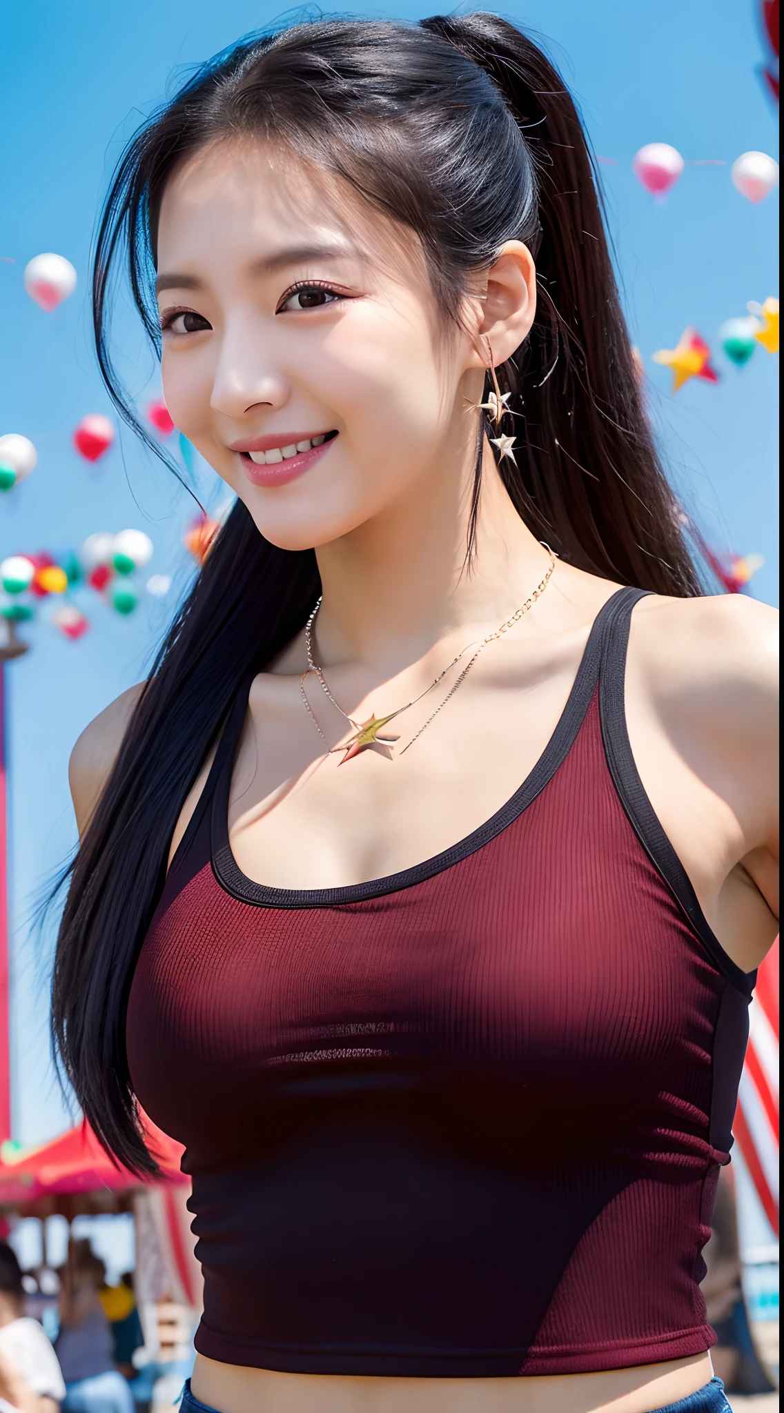 Realistic photos of (1 cute Korean star) red ponytail, thin makeup, slightly smile, 32 inch breasts size, wearing black tank top, necklace, pants, standing at amusement park, balloon is backdrop, close-up portrait, UHD