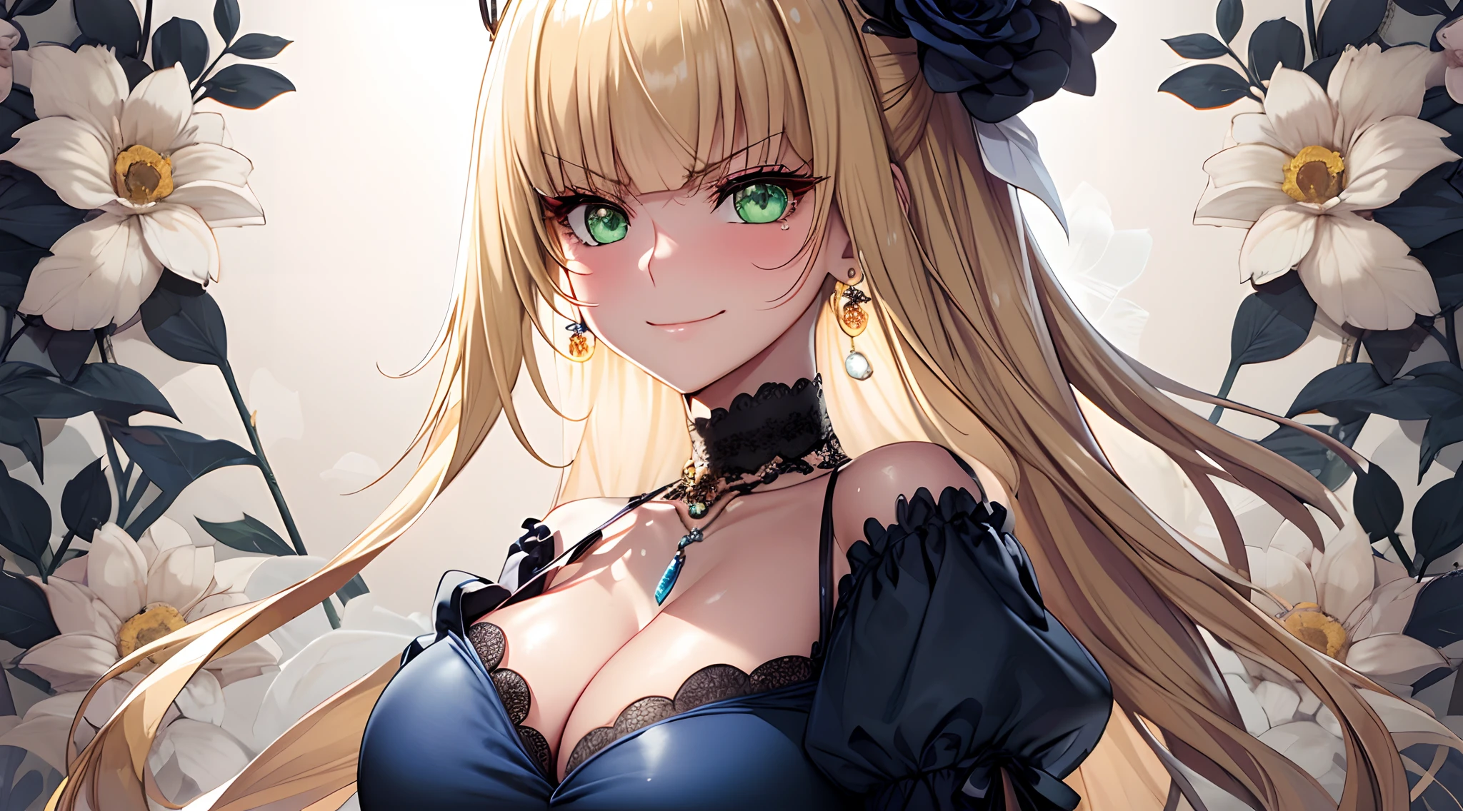 (floral background:1.3), 1girl, blonde hair, solo, long hair, flower, dress, tiara, white dress, gloves, long sleeves, choker, green eyes, mascara, long eyelashes, makeup, white gloves, black bow, black flower, wavy hair, bow, jewelry, gold trim, lace, looking at viewer, black background, collarbone, puffy sleeves, earrings, necklace, upper body, parted bangs, very long hair, blue dress, frills, bangs, closed mouth, angry, smile, detailed eyes, (close up), gleaming skin, shiny glossy skin, huge breast, cleavage