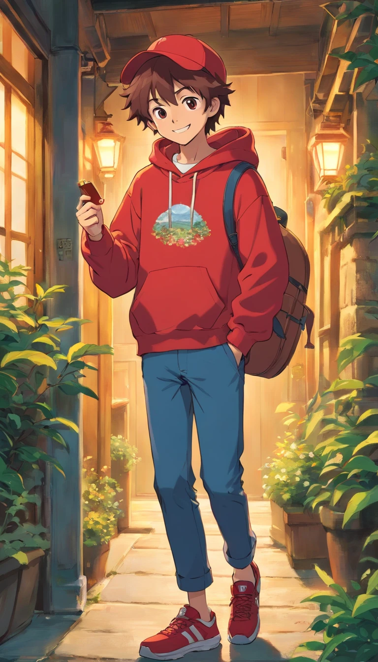 Young men,Normal appearance,medium build,fluffy hair,He wears a flowery red hoodie、I wear sneakers on my feet。I'm playing guitar、Smiling。
