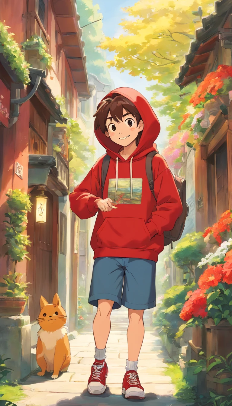 Young men,Normal appearance,medium build,fluffy hair,He wears a flowery red hoodie、I wear sneakers on my feet。I'm playing guitar、Smiling。
