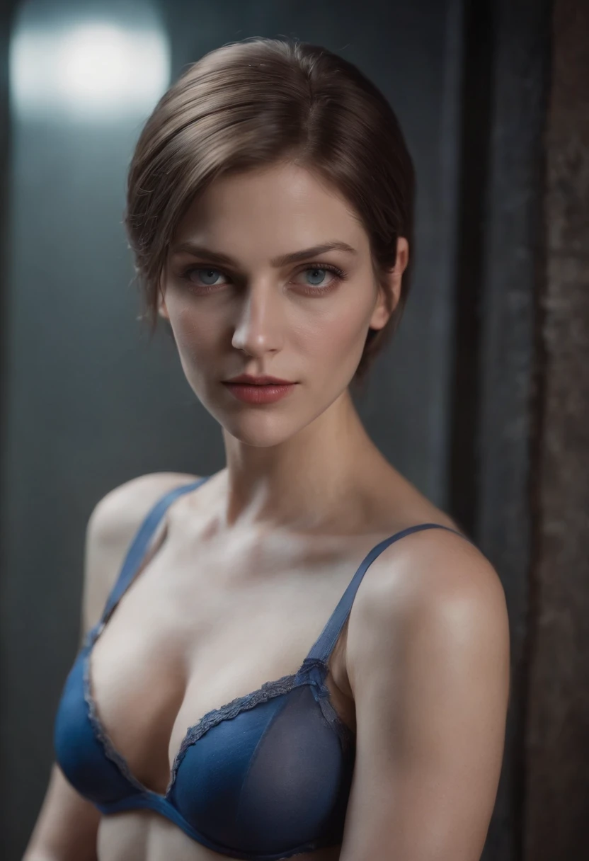 Uma bela foto 4k realista de Jill Valentine, Resident Evil game character standing fully naked, mostrando seus lindos seios e vagina