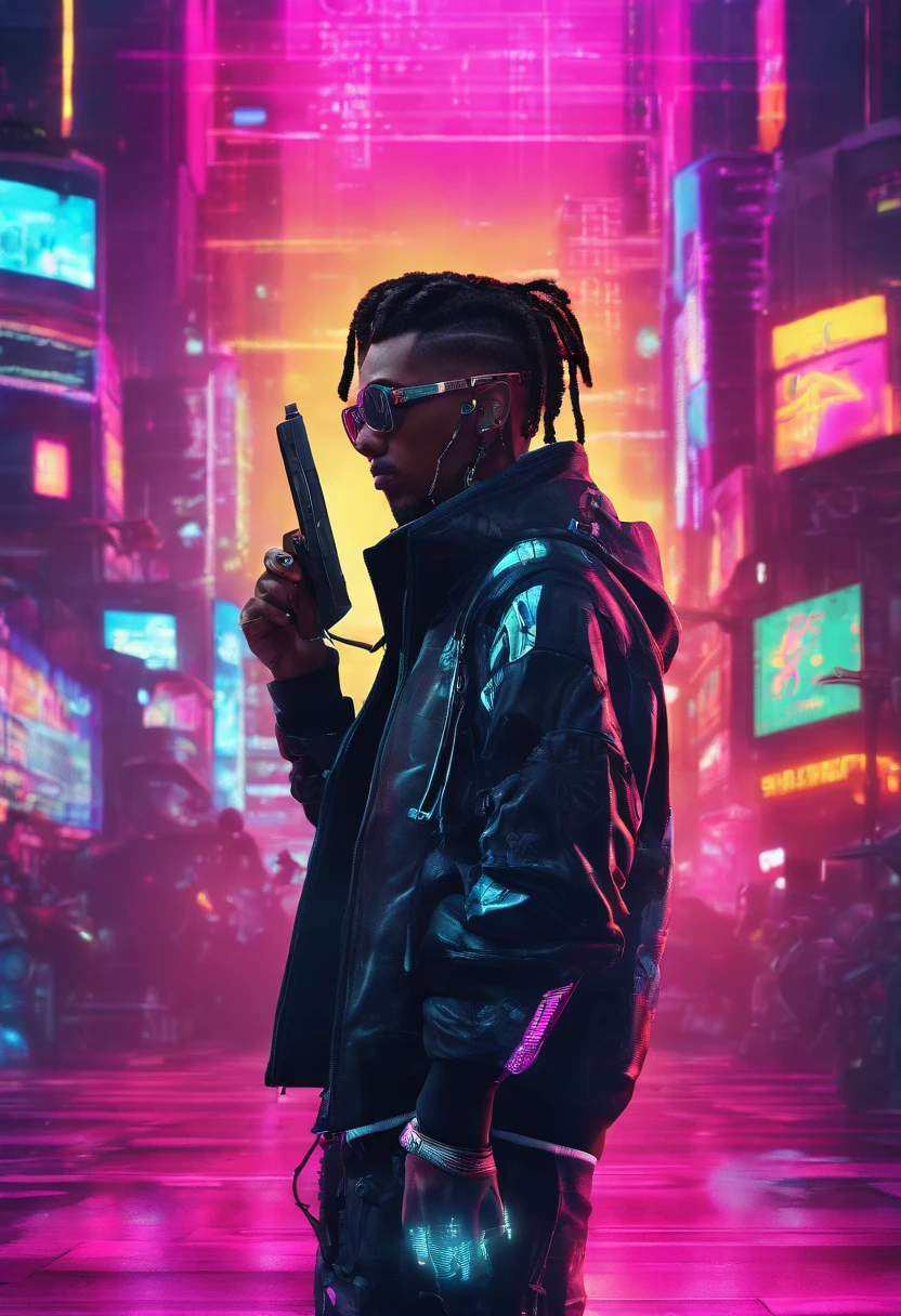 ((masculine)), ((1boy)), black dreadlocks, brown skin, black eyes, cowboy shot, ((ultra detailed neon cyberpunk futuristic city )), detailed and intricate ((cyberpunk city streets background)), featuring high-tech holographic projections and sleek architecture, (highly detailed photo realistic), sharp focus, ultra high quality, vibrant, (symmetrical detailed face:1.7), toned, masterpiece, (cinematic lighting), smoking weed, ((cyberpunk 2077 inspired)