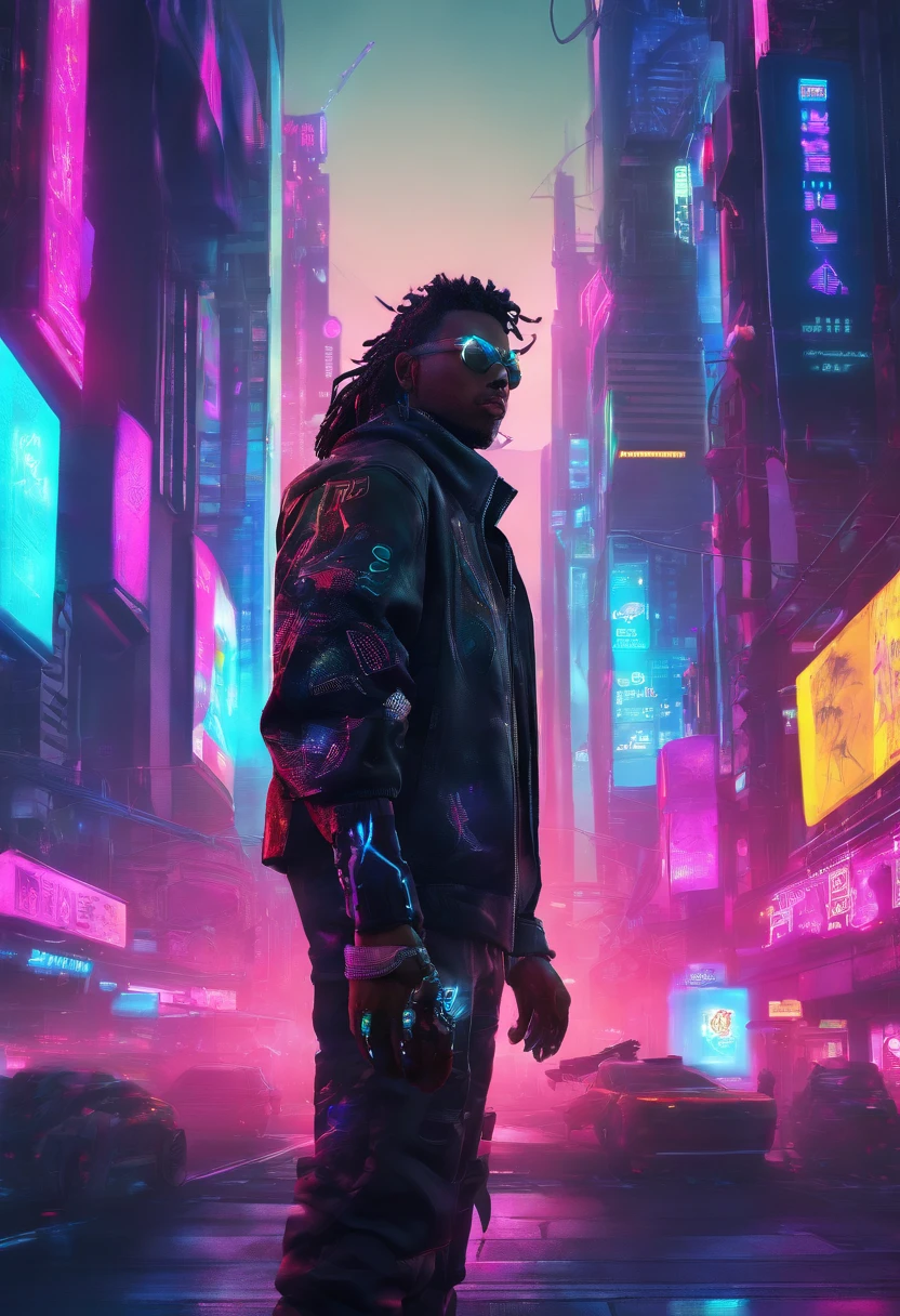 ((masculine)), ((1boy)), black dreadlocks, brown skin, black eyes, cowboy shot, ((ultra detailed neon cyberpunk futuristic city )), detailed and intricate ((cyberpunk city streets background)), featuring high-tech holographic projections and sleek architecture, (highly detailed photo realistic), sharp focus, ultra high quality, vibrant, (symmetrical detailed face:1.7), toned, masterpiece, (cinematic lighting), smoking weed, ((cyberpunk 2077 inspired)