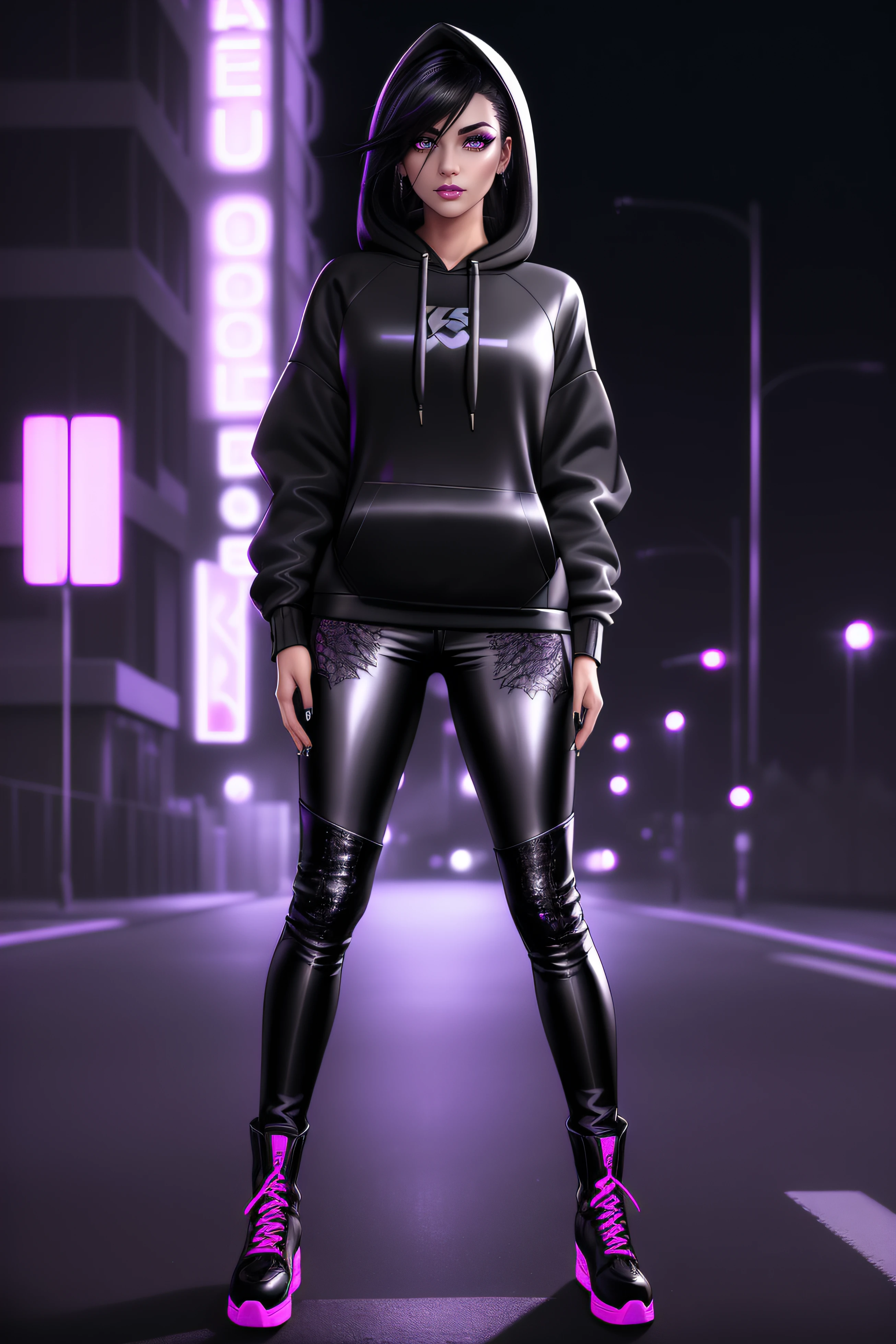 beautiful girl, ((standing:1.4)), (confident gaze:1.1), full body, short bright neon streaked black hair, ((realistic highly detailed eyes:1.4)), ((seductive pose:1.2)), black eyeshadow, (street style wear:1.2), ((hoodie:1.4)), ((tight fitted pants)), ((knee high leather boots)), (dark city night black background:1.4), dark makeup, digital art, trending on artstation, highly detailed, fine detail, intricate, detailed facial features, sharp focus, smooth, aesthetic,