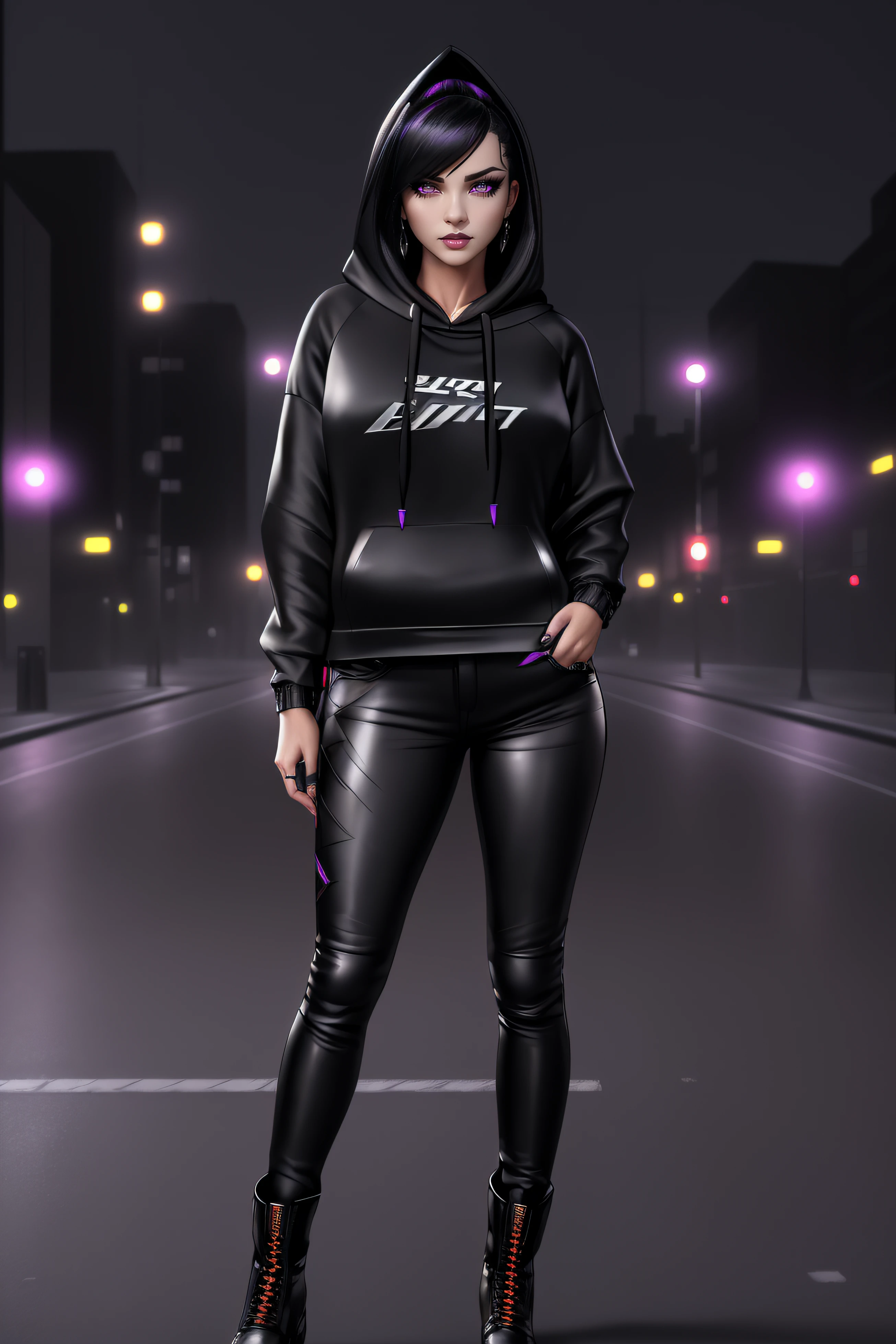 beautiful girl, ((standing:1.4)), (confident gaze:1.1), full body, short bright neon streaked black hair, ((realistic highly detailed eyes:1.4)), ((seductive pose:1.2)), black eyeshadow, (street style wear:1.2), ((hoodie:1.4)), ((tight fitted pants)), ((knee high leather boots)), (dark city night black background:1.4), dark makeup, digital art, trending on artstation, highly detailed, fine detail, intricate, detailed facial features, sharp focus, smooth, aesthetic,