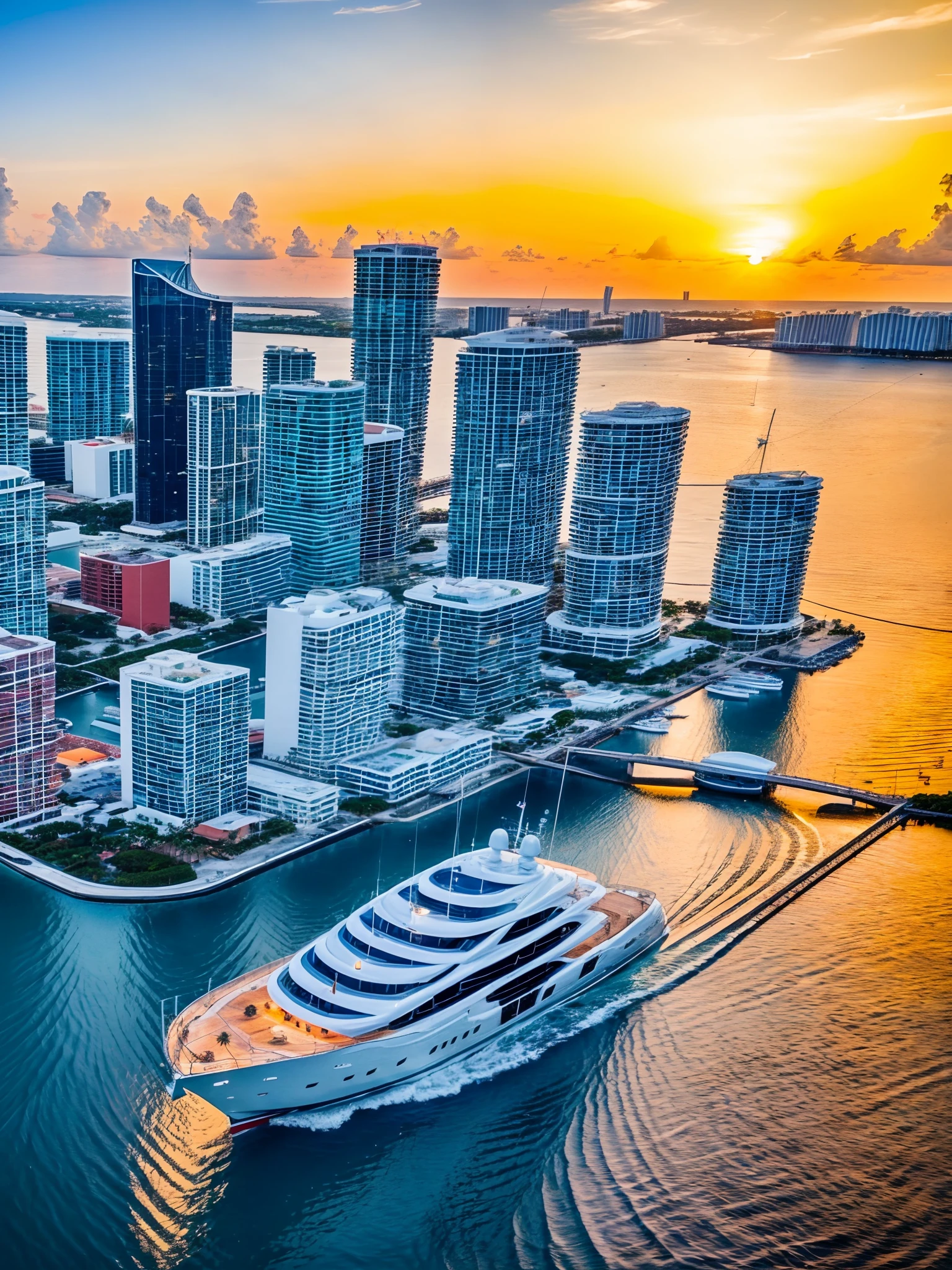 A luxury yacht in the city of Miami on the sea at sunset with high quality accuracy