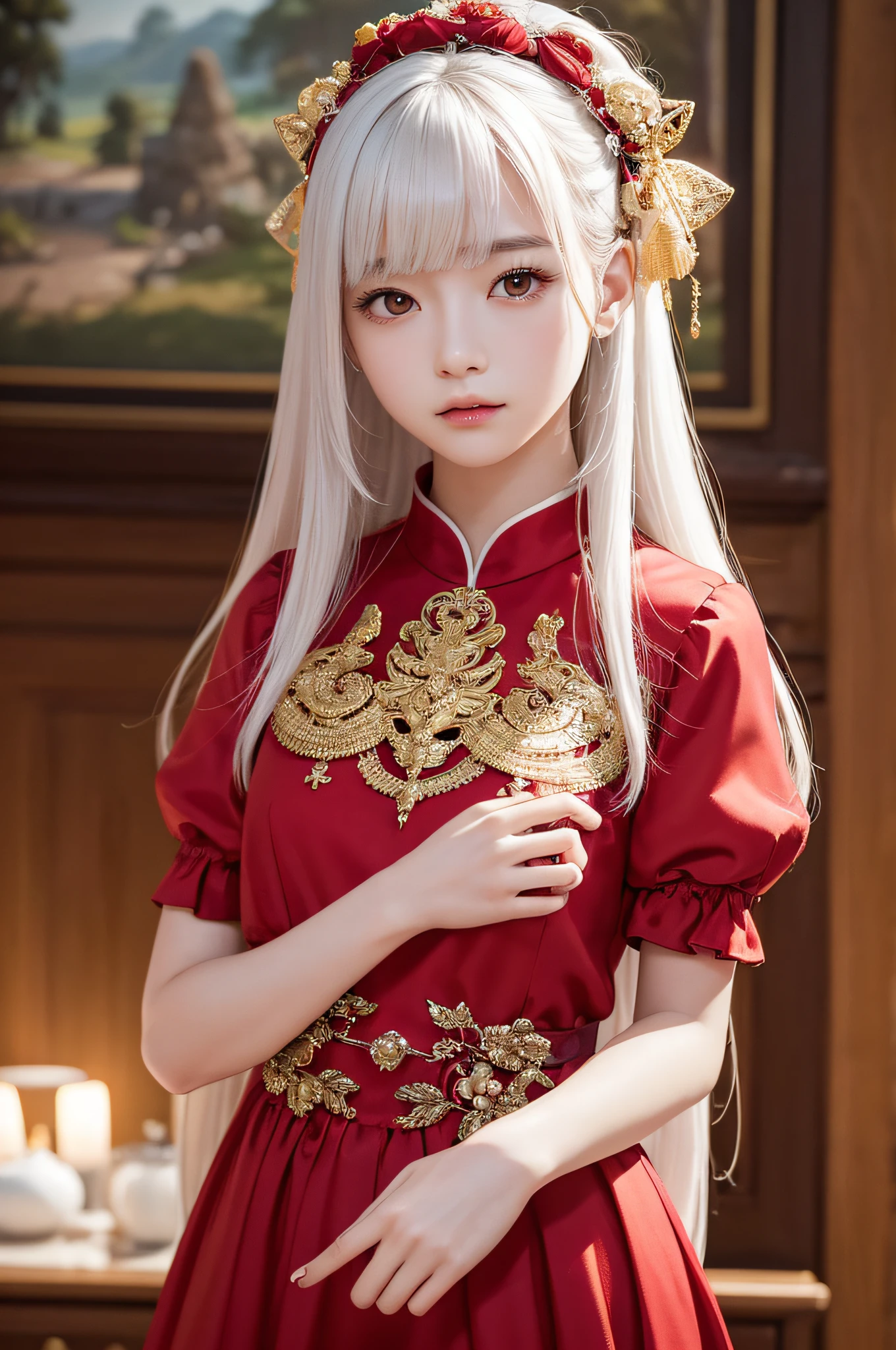 (masterpiece、top-quality、top-quality、Beautifully Aesthetic:1.2)、(1girl in:1.3)、(Fractal art:1.3)、absurderes、masterpiece、top-quality、realisitic、ultra-detailliert、(shinny skin)、Look at viewers、A slender、1girl in、独奏、stright long hair、Princess Cut、red eyes、动态照明、hight resolution、foco nítido、depth of fields、 tiny chest、Vampires、masterpiece、top-quality、ultra-detailliert、Super detailed face、best quality face、20 years old、Adults、1girl in、20 years old、No humans、white hair、Alchemy costume、Intricate detailed costumes、sexy pose、Glowing red dress