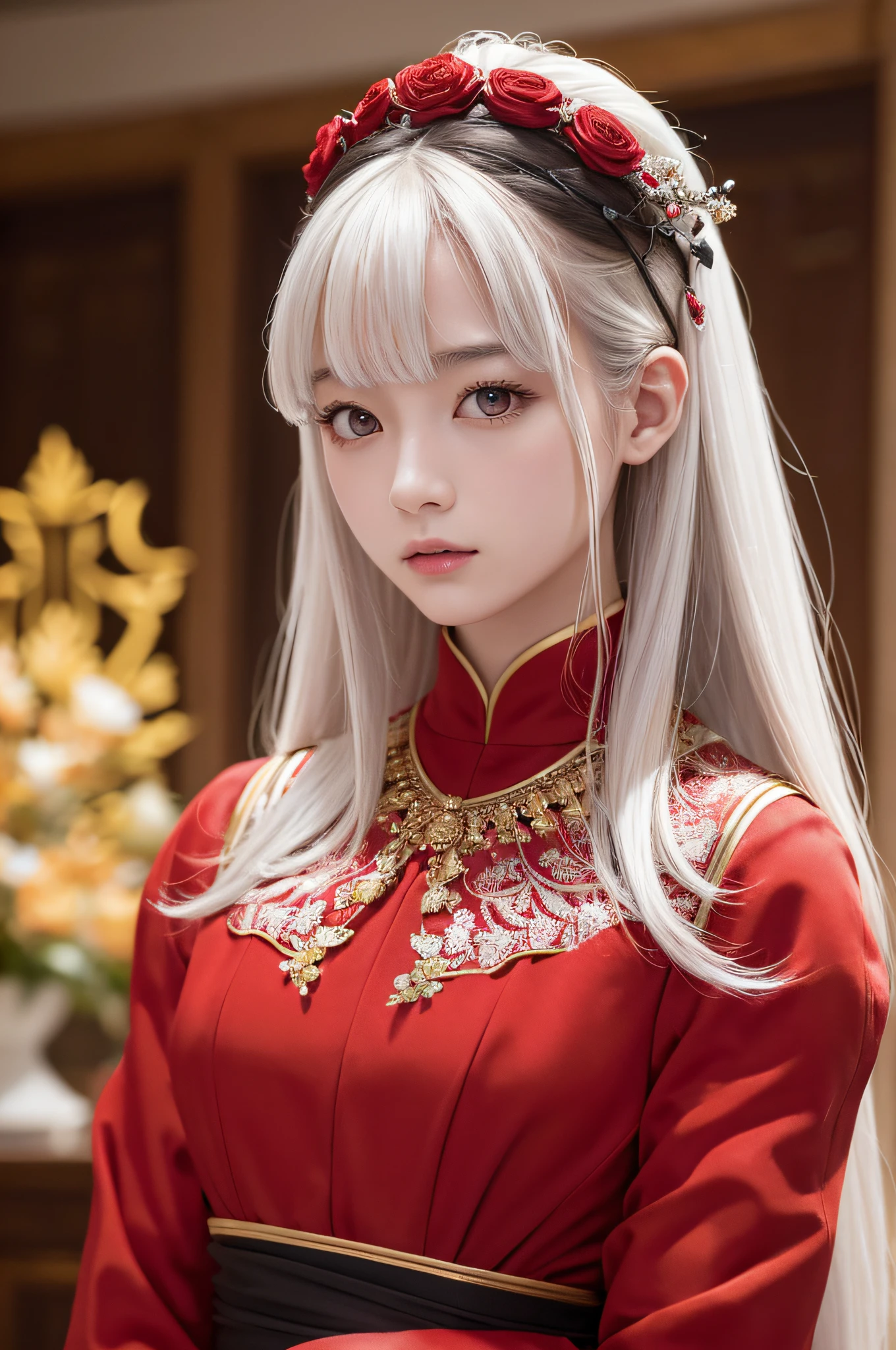 (masterpiece、top-quality、top-quality、Beautifully Aesthetic:1.2)、(1girl in:1.3)、(Fractal art:1.3)、absurderes、masterpiece、top-quality、realisitic、ultra-detailliert、(shinny skin)、Look at viewers、A slender、1girl in、独奏、stright long hair、Princess Cut、red eyes、动态照明、hight resolution、foco nítido、depth of fields、 tiny chest、Vampires、masterpiece、top-quality、ultra-detailliert、Super detailed face、best quality face、20 years old、Adults、1girl in、20 years old、No humans、white hair、Alchemy costume、Intricate detailed costumes、sexy pose、Glowing red dress