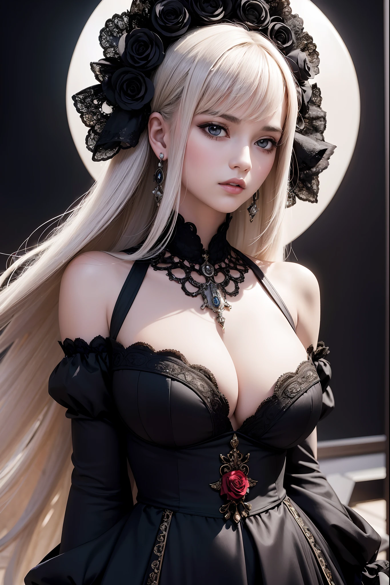 ((masterpiece)),  a beautiful woman model, (absurdres, highres, ultra detailed), backlighting, bare shoulders, tall, model, big breasts, black background, long white hair, upper dynamic angle, ornate ancient earrings, expressionless, roses, light particles, looking at viewer, off-shoulder gothic ancient boned design dress, rose petals,