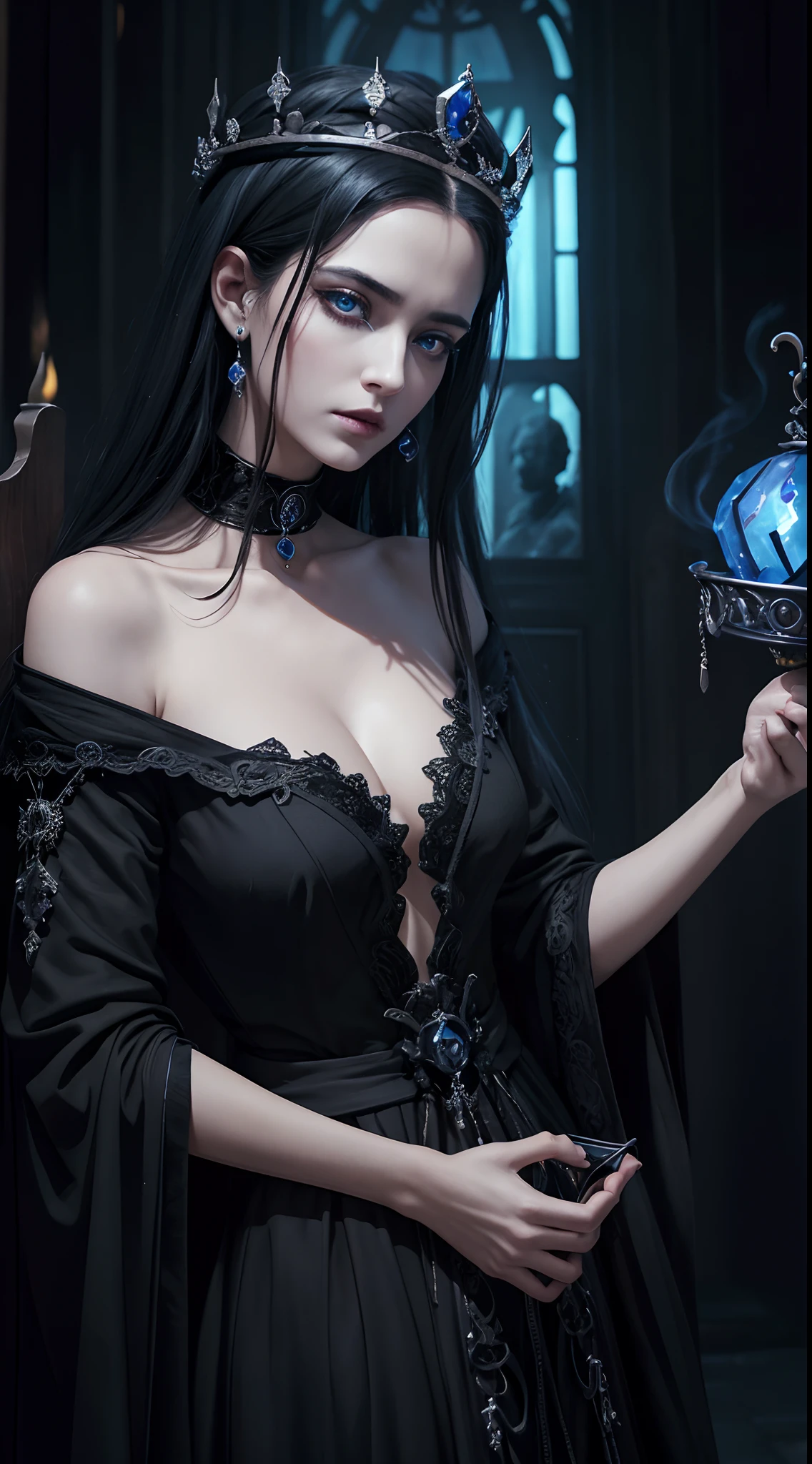 Black and blue tones、Hell、purgatory、Mozart's Requiem、Mystical、horor、gotik、darkness、karo、badas、epidemic、ruler、Pitch Black Darkness、hopelessness、lamentation、oppression、nothingness、intense cold、Black Ghost、Adult female mature woman in her 40s、Queen of the Dead、Persephone、lilith、hades、awe、immortal、draconian、dignity、Awe-inspiring Hall々、Proud、noble、dignity、solemnity、Bewitching、Chaste and lascivious cohabitation、hatred、obsession、jewely、ruthless、greed、Lack of warmth、3-point live method、Oil Painting、Best Quality、hight resolution、foco nítido、Perfect Angle、perfect-composition、Portrait of Queen D，Highly detailed footage of the Queen of the Dead，Stunning portrait of the Queen of the Exparted，Portrait of the Queen of the Dead，Full body close-up of the Queen of the Dead
