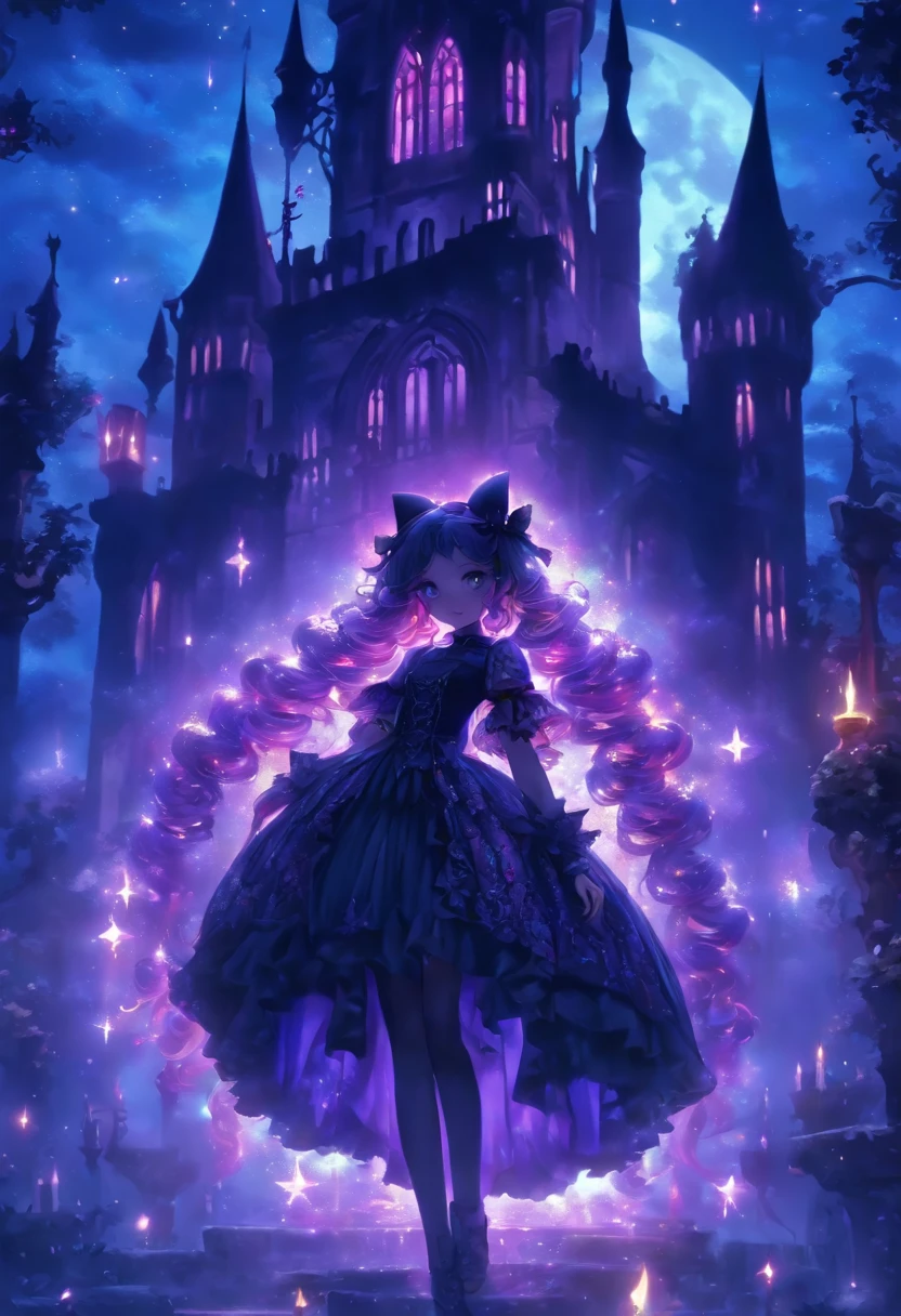 (a) gothic ta, (dark, elegant:1.1), (purple-haired, long-haired), (wearing a dress, in a frilly dress), (carrying, holding) an umbrella, (frills, lace), (bow, ribbon), (standing, posing), (in front of) a moonlit castle
(b) surrounded by (purple fairy flame, ethereal flames:1.1), (glowing, flickering), (creating, casting) a soft, (magical, enchanting) light
(c) (mysterious, ominous) atmosphere, (dramatic, eerie) shadows, (moonlight, moonlit), (casting, illuminating) the scene
(d) (vibrant, rich) purple color palette, (deep, dark shades), (contrasting, highlighting) the gothic aesthetic
(e) (detailed, intricate) castle architecture, (towering, majestic) towers, (ornate, delicate) windows, (stone walls, battlements)
(f) (lush, overgrown) garden, (twisted, thorny) vines, (blooming, vibrant) flowers
(g) (enchanted, magical) atmosphere, (sparkling, shimmering) stars, (fluttering, glowing) fireflies
(h) (mysterious, haunting) music playing in the background, (melancholic, ethereal) melodies
(i) (fine art, oil painting)-like rendering, (realistic, detailed, lifelike) textures, (soft, smooth) brush strokes
(j) (vivid, rich) colors, (deep purples, contrasting hues), (subtle, nuanced) lighting effects
(k) (emphasize, highlight) the gothic aesthetic, (dramatic, theatrical) poses, (intricate, extravagant) details
(l) (high resolution, 4k, 8k), (ultra-detailed, hyper-realistic, photorealistic:1.37) output
Please remove the parentheses in the above and the content in the parentheses in prompt,And make sure not to add any new sentences or explanations。