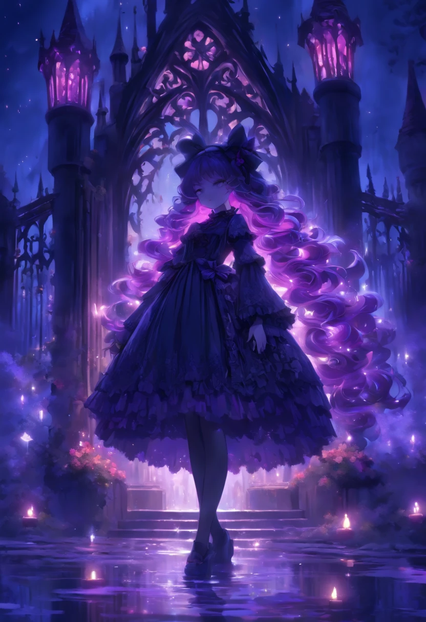 (a) gothic ****ta, (dark, elegant:1.1), (purple-haired, long-haired), (wearing a dress, in a frilly dress), (carrying, holding) an umbrella, (frills, lace), (bow, ribbon), (standing, posing), (in front of) a moonlit castle

(b) surrounded by (purple fairy flame, ethereal flames:1.1), (glowing, flickering), (creating, casting) a soft, (magical, enchanting) light

(c) (mysterious, ominous) atmosphere, (dramatic, eerie) shadows, (moonlight, moonlit), (casting, illuminating) the scene

(d) (vibrant, rich) purple color palette, (deep, dark shades), (contrasting, highlighting) the gothic aesthetic

(e) (detailed, intricate) castle architecture, (towering, majestic) towers, (ornate, delicate) windows, (stone walls, battlements)

(f) (lush, overgrown) garden, (twisted, thorny) vines, (blooming, vibrant) flowers

(g) (enchanted, magical) atmosphere, (sparkling, shimmering) stars, (fluttering, glowing) fireflies

(h) (mysterious, haunting) music playing in the background, (melancholic, ethereal) melodies

(i) (fine art, oil painting)-like rendering, (realistic, detailed, lifelike) textures, (soft, smooth) brush strokes

(j) (vivid, rich) colors, (deep purples, contrasting hues), (subtle, nuanced) lighting effects

(k) (emphasize, highlight) the gothic aesthetic, (dramatic, theatrical) poses, (intricate, extravagant) details

(l) (high resolution, 4k, 8k), (ultra-detailed, hyper-realistic, photorealistic:1.37) output

Please remove the parentheses in the above and the content in the parentheses in prompt，And make sure not to add any new sentences or explanations。