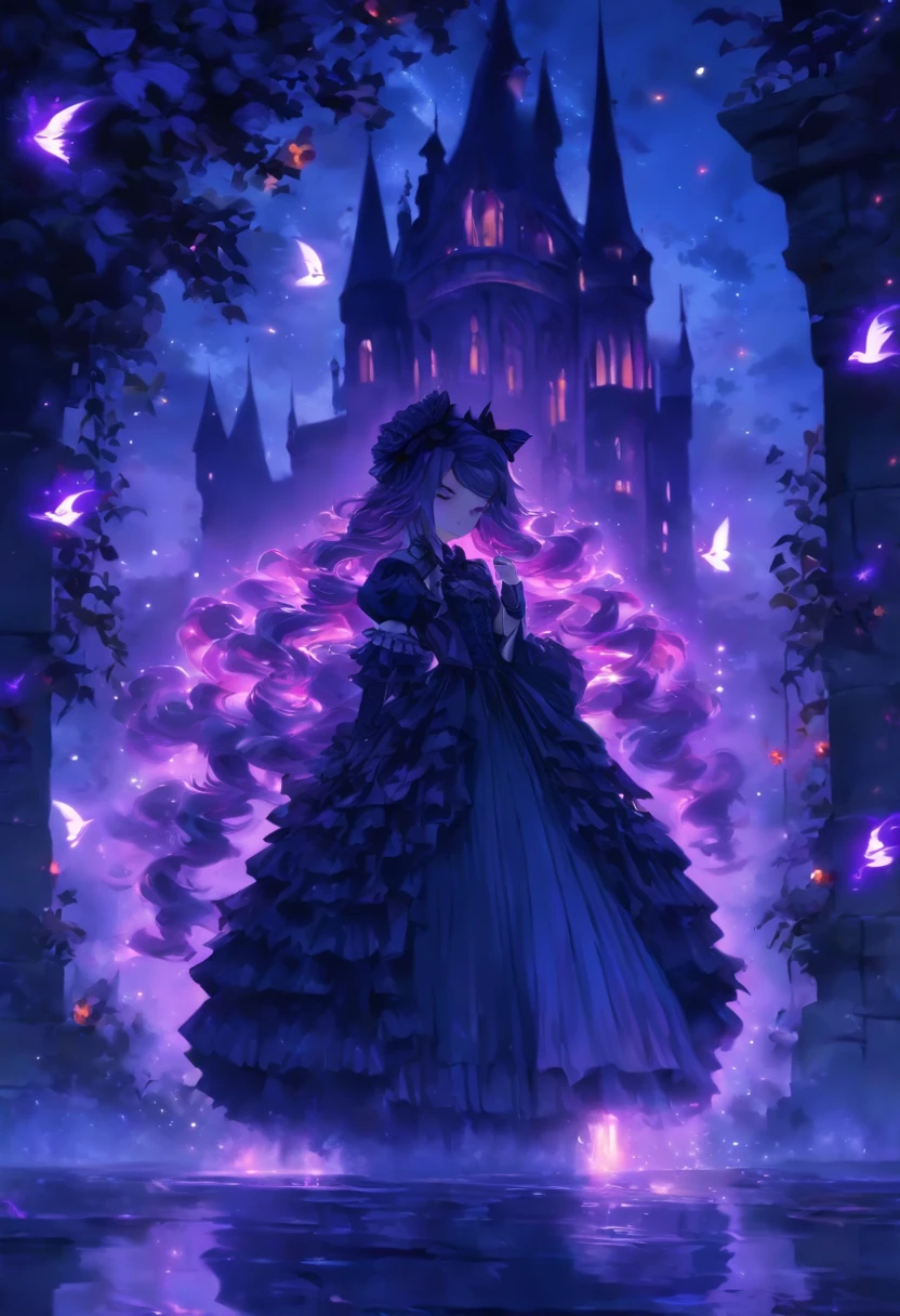(a) gothic ta, (dark, elegant:1.1), (purple-haired, long-haired), (wearing a dress, in a frilly dress), (carrying, holding) an umbrella, (frills, lace), (bow, ribbon), (standing, posing), (in front of) a moonlit castle
(b) surrounded by (purple fairy flame, ethereal flames:1.1), (glowing, flickering), (creating, casting) a soft, (magical, enchanting) light
(c) (mysterious, ominous) atmosphere, (dramatic, eerie) shadows, (moonlight, moonlit), (casting, illuminating) the scene
(d) (vibrant, rich) purple color palette, (deep, dark shades), (contrasting, highlighting) the gothic aesthetic
(e) (detailed, intricate) castle architecture, (towering, majestic) towers, (ornate, delicate) windows, (stone walls, battlements)
(f) (lush, overgrown) garden, (twisted, thorny) vines, (blooming, vibrant) flowers
(g) (enchanted, magical) atmosphere, (sparkling, shimmering) stars, (fluttering, glowing) fireflies
(h) (mysterious, haunting) music playing in the background, (melancholic, ethereal) melodies
(i) (fine art, oil painting)-like rendering, (realistic, detailed, lifelike) textures, (soft, smooth) brush strokes
(j) (vivid, rich) colors, (deep purples, contrasting hues), (subtle, nuanced) lighting effects
(k) (emphasize, highlight) the gothic aesthetic, (dramatic, theatrical) poses, (intricate, extravagant) details
(l) (high resolution, 4k, 8k), (ultra-detailed, hyper-realistic, photorealistic:1.37) output
Please remove the parentheses in the above and the content in the parentheses in prompt,And make sure not to add any new sentences or explanations。