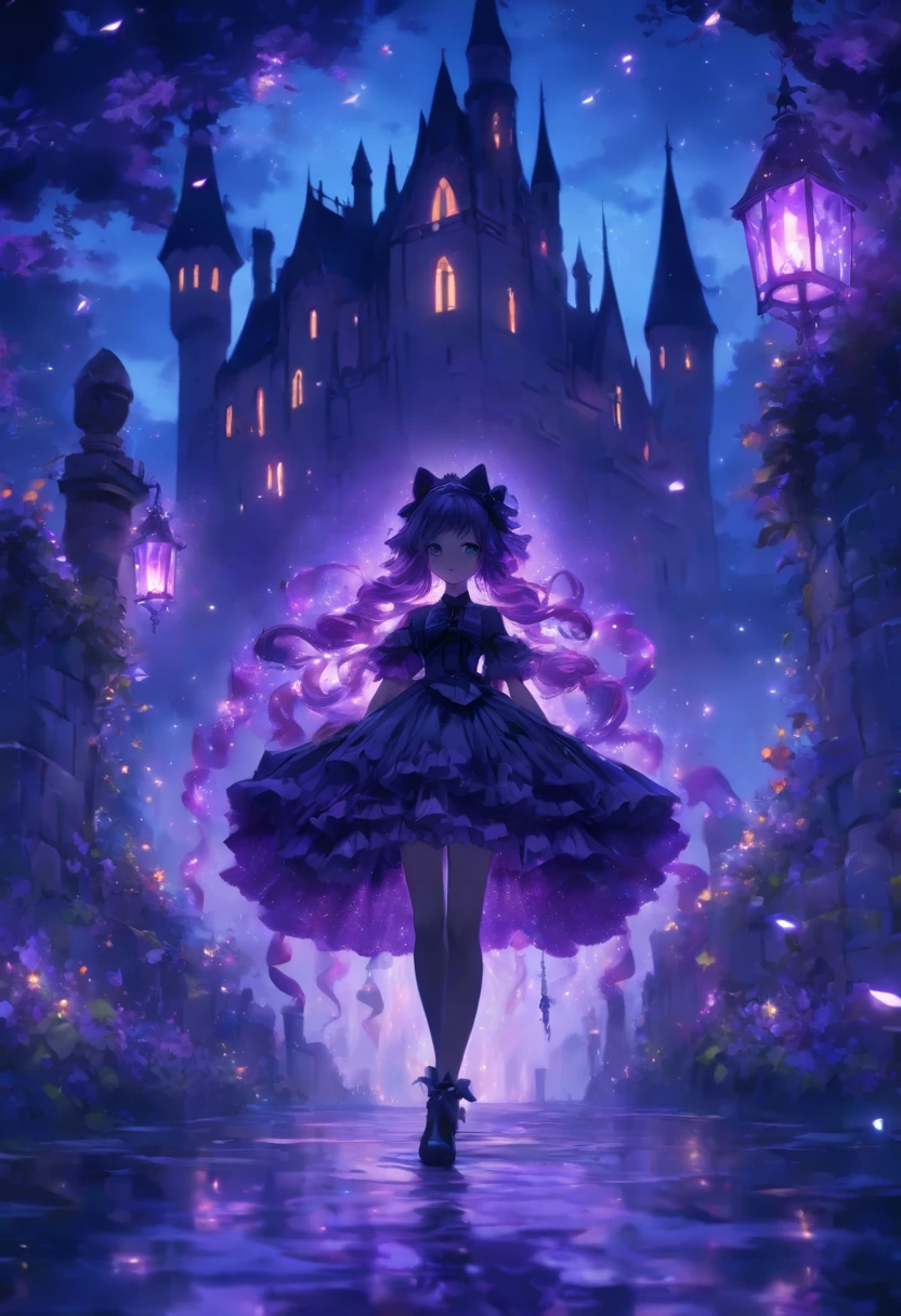 (a) gothic lolita, (dark, elegant:1.1), (purple-haired, long-haired), (wearing a dress, in a frilly dress), (carrying, holding) an umbrella, (frills, lace), (bow, ribbon), (standing, posing), (in front of) a moonlit castle

(b) surrounded by (purple fairy flame, ethereal flames:1.1), (glowing, flickering), (creating, casting) a soft, (magical, enchanting) light

(c) (mysterious, ominous) atmosphere, (dramatic, eerie) shadows, (moonlight, moonlit), (casting, illuminating) the scene

(d) (vibrant, rich) purple color palette, (deep, dark shades), (contrasting, highlighting) the gothic aesthetic

(e) (detailed, intricate) castle architecture, (towering, majestic) towers, (ornate, delicate) windows, (stone walls, battlements)

(f) (lush, overgrown) garden, (twisted, thorny) vines, (blooming, vibrant) flowers

(g) (enchanted, magical) atmosphere, (sparkling, shimmering) stars, (fluttering, glowing) fireflies

(h) (mysterious, haunting) music playing in the background, (melancholic, ethereal) melodies

(i) (fine art, oil painting)-like rendering, (realistic, detailed, lifelike) textures, (soft, smooth) brush strokes

(j) (vivid, rich) colors, (deep purples, contrasting hues), (subtle, nuanced) lighting effects

(k) (emphasize, highlight) the gothic aesthetic, (dramatic, theatrical) poses, (intricate, extravagant) details

(l) (high resolution, 4k, 8k), (ultra-detailed, hyper-realistic, photorealistic:1.37) output

Please remove the parentheses in the above and the content in the parentheses in prompt，And make sure not to add any new sentences or explanations。