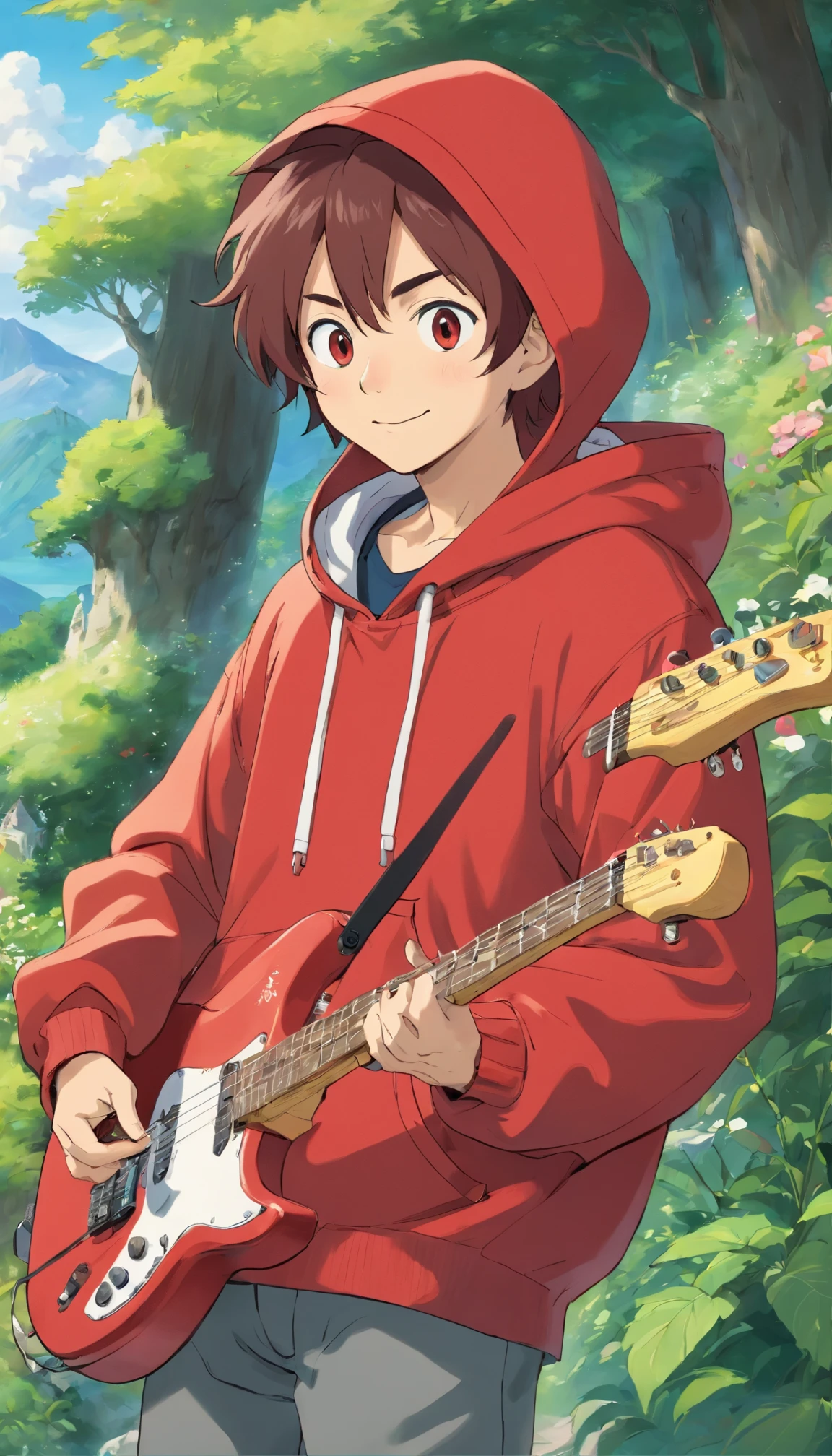 Young men,Normal appearance,medium build,fluffy hair,He wears a flowery red hoodie、I wear sneakers on my feet。I'm playing guitar、Smiling。