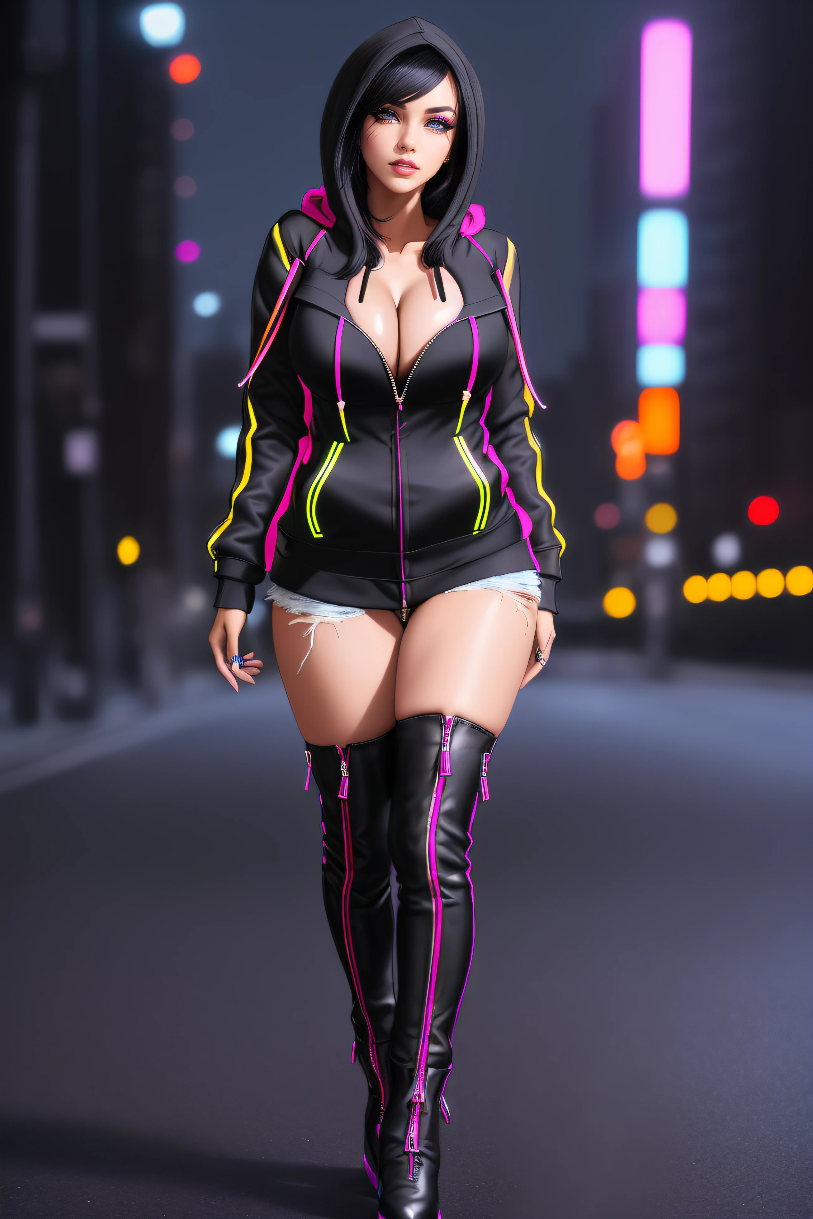 beautiful girl, ((standing:1.4)), (confident gaze:1.1), full body, short bright neon streaked black hair, ((realistic highly detailed eyes:1.4)), ((seductive pose:1.2)), black eyeshadow, (street style wear:1.2), ((hoodie open zip:1.4)), ((cleavage:1.4)),((tight fitted pants)), ((knee high leather boots)), (dark city night black background:1.4), dark makeup, digital art, trending on artstation, highly detailed, fine detail, intricate, detailed facial features, sharp focus, smooth, aesthetic,