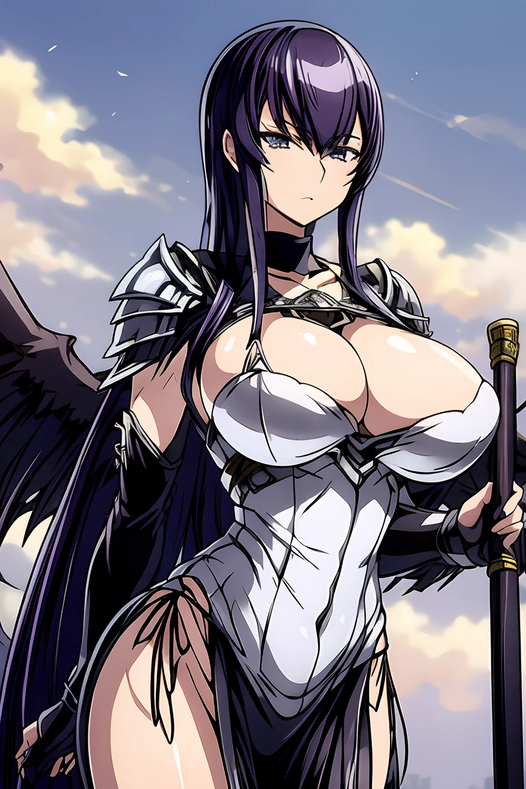 Saeko Busujima, mujer (armadura medieval), (Emphasis with large black wings), Ultra detallado, Detalles intrincados, super detallados, volumático, HDR, 16k, foco nítido, Octane representation, of the highest quality.