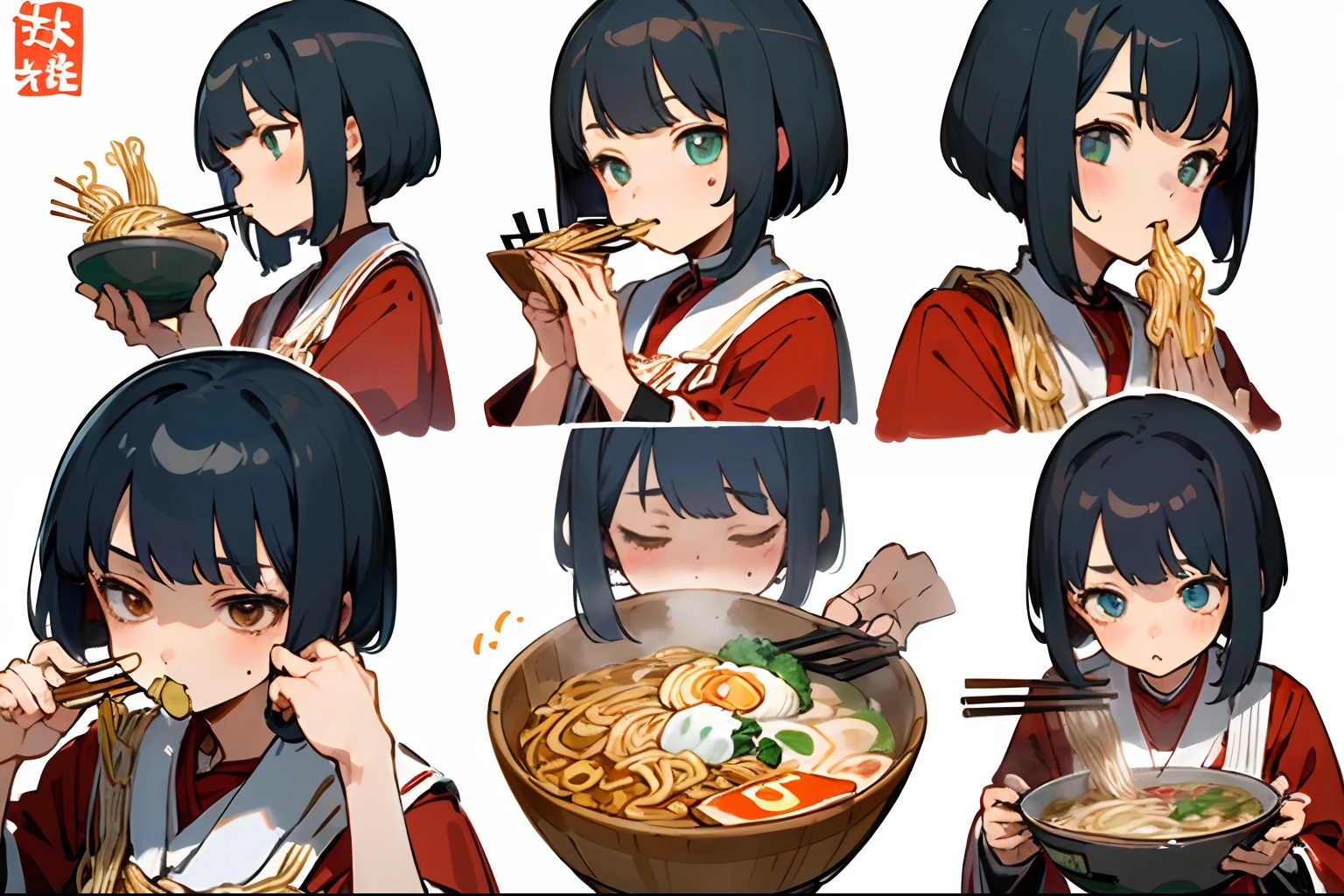 (masterpiece, best quality), 1girl, anime character expression sheet, (draw 4 poses of eating Japanese ramen, 4variation in 1sheet:1.2), draw only upper body for each cut,
BREAK,
expression variation, (praying hands before eat:1.34), (breath blow on noodles for cooling:1.2), (eating ramen noodles using chopsticks:1.46), (grab the ramen bowl and sip the ramen soup:1.2),
BREAK,
girl, age15, 160cm tall, slender, medium bob brunette hair, large slanted eyes, school uniform, (simple white background, only characters are colored:1.3),