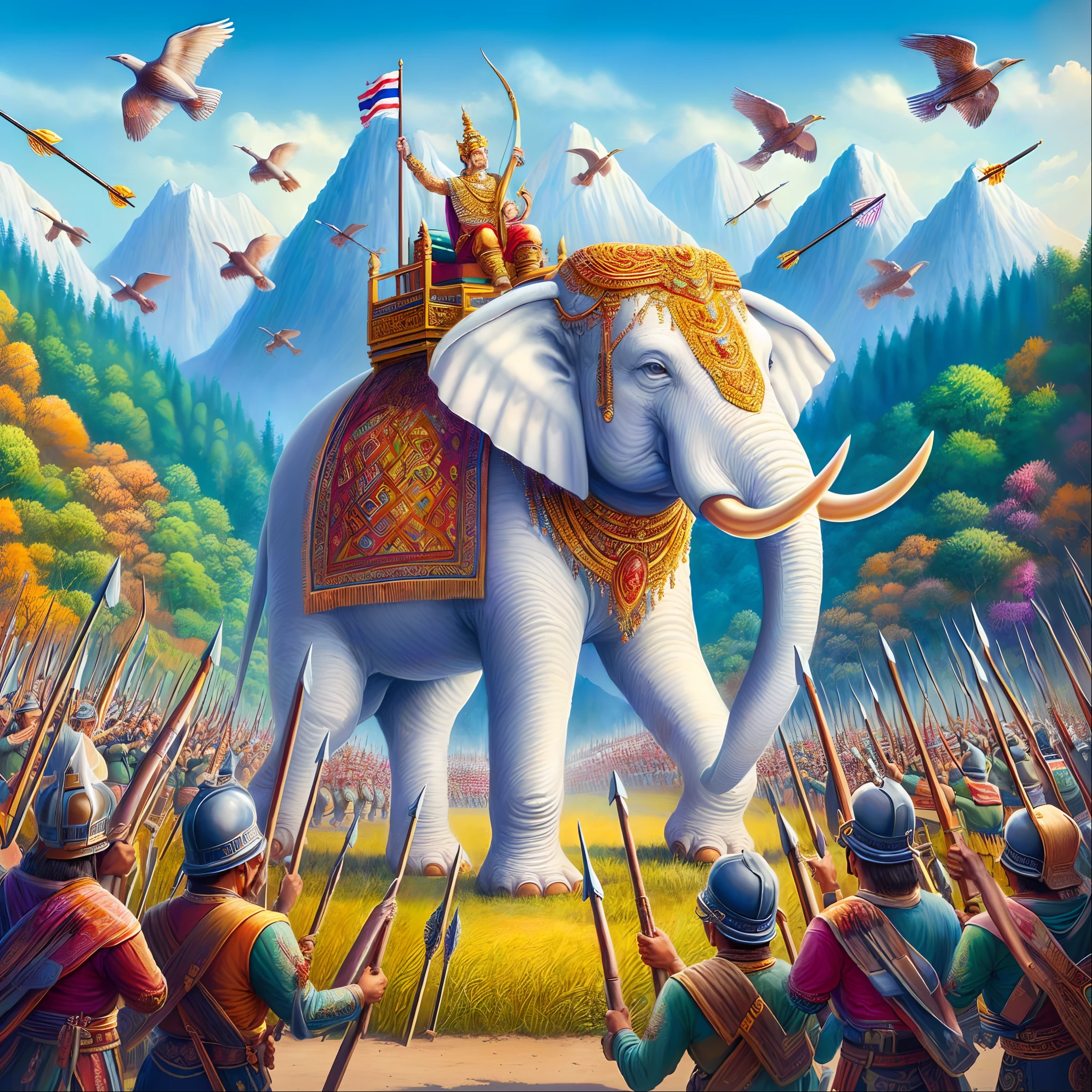painting of a large elephant with a man on top of it, an enormous elephant king, an elephant king, thailand art, symmetrical epic fantasy art, award - winning epic painting, epic full color illustration, epic surrealism 8k oil painting, samsara, angus mckie, michael cheval (unreal engine, greg hildebrandt highly detailed, detailed fantasy digital art